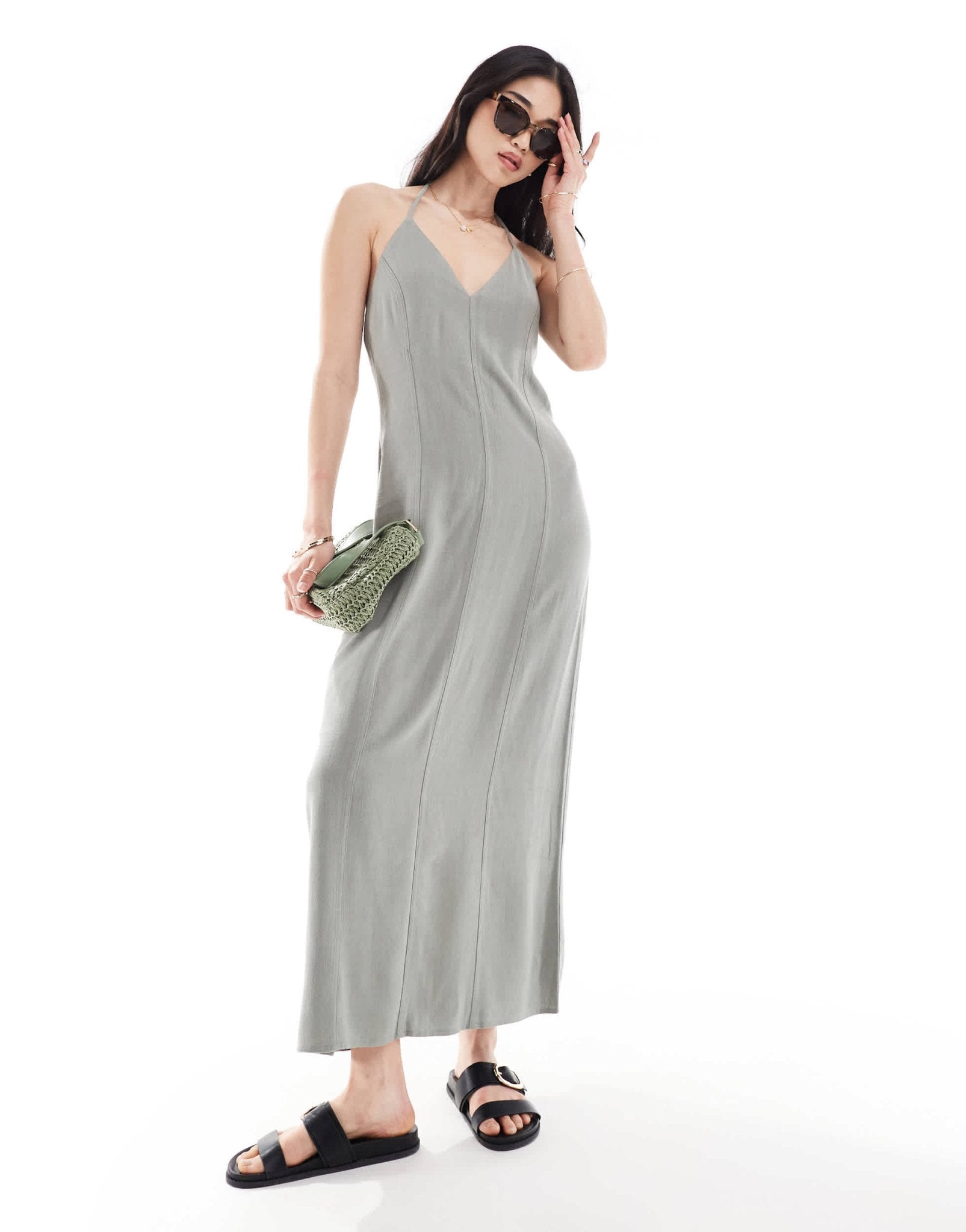 Stradivarius linen look cami maxi dress in washed khaki - ASOS Sample Sale