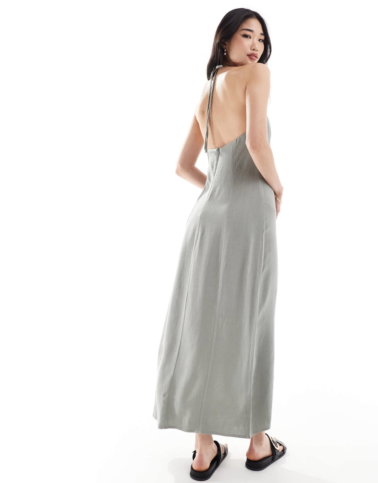 Stradivarius linen look cami maxi dress in washed khaki - ASOS Sample Sale