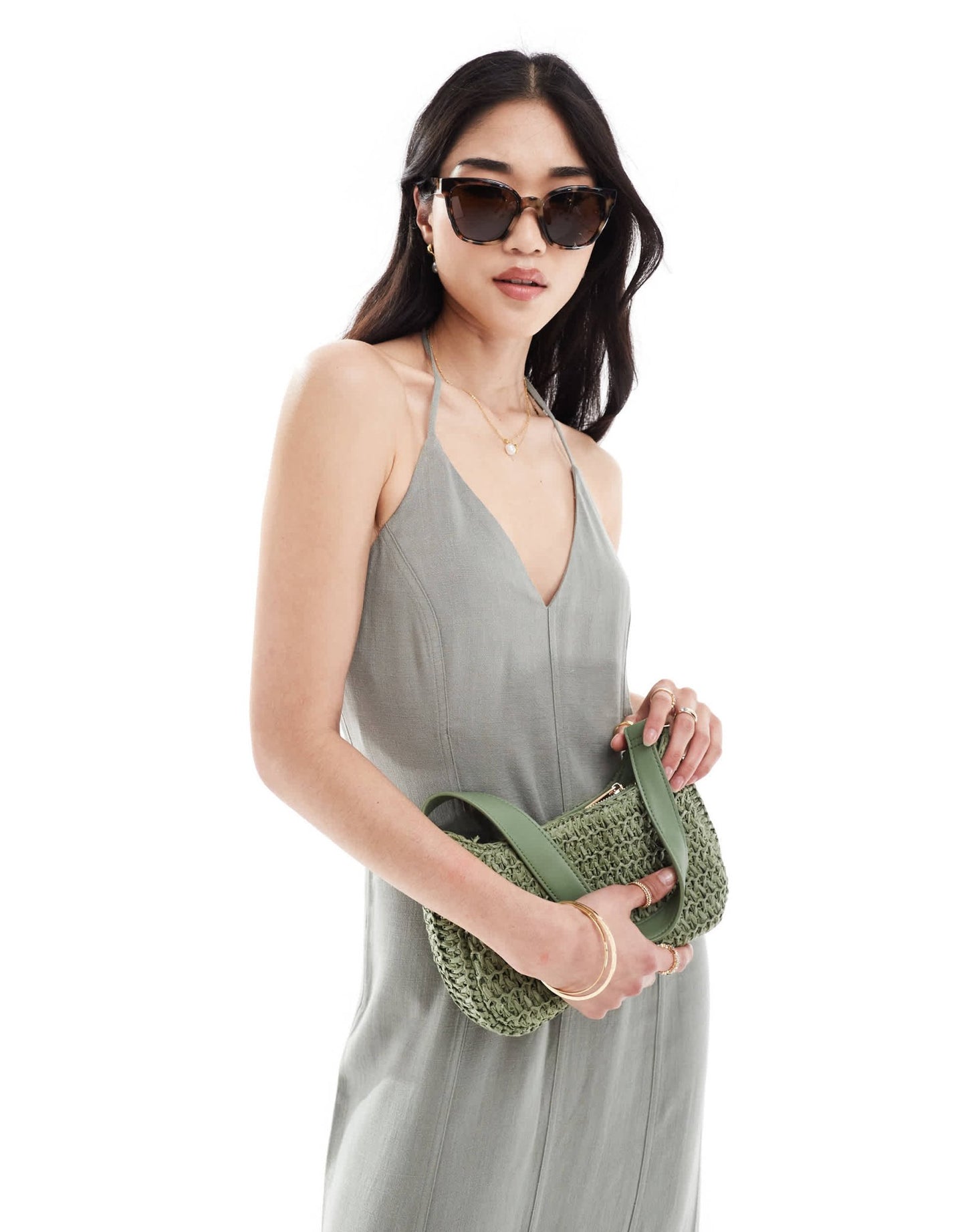 Stradivarius linen look cami maxi dress in washed khaki - ASOS Sample Sale
