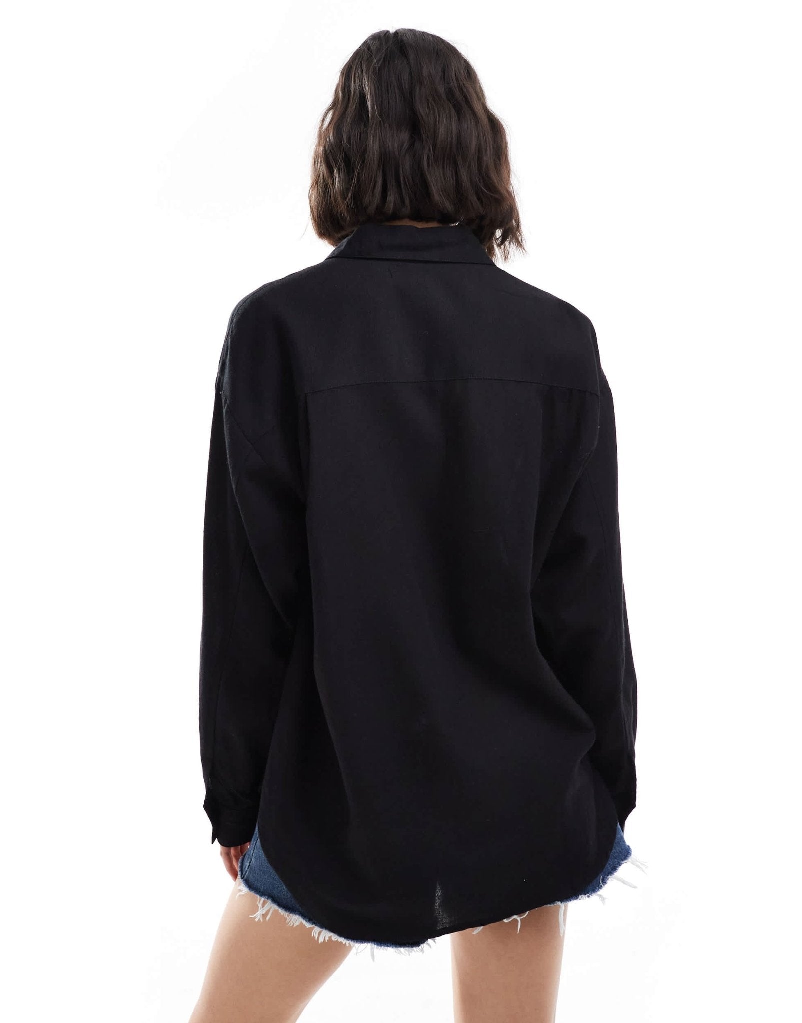 Stradivarius linen look long sleeve shirt in black - ASOS Sample Sale