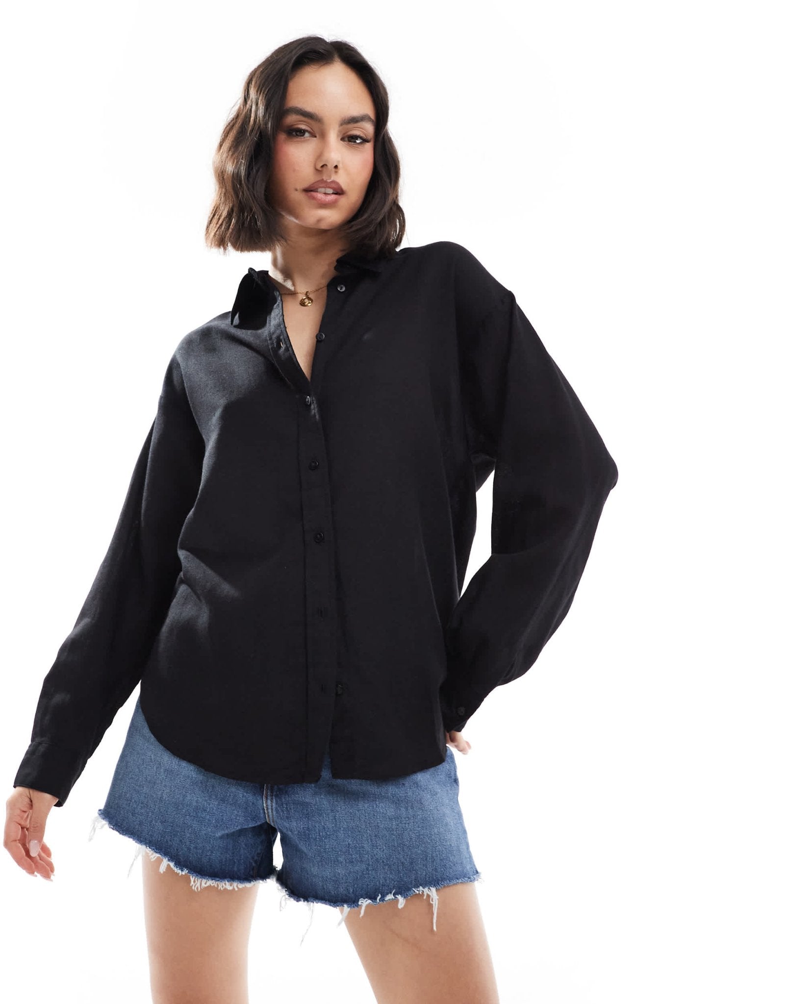 Stradivarius linen look long sleeve shirt in black - ASOS Sample Sale