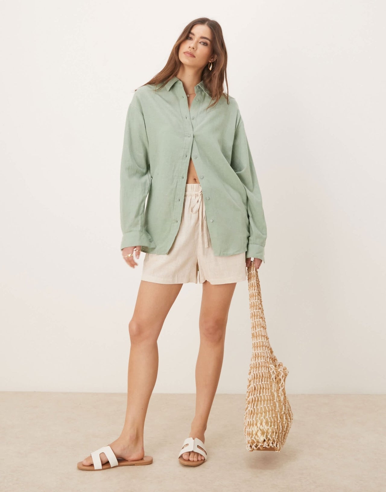 Stradivarius linen look long sleeve shirt in khaki - ASOS Sample Sale