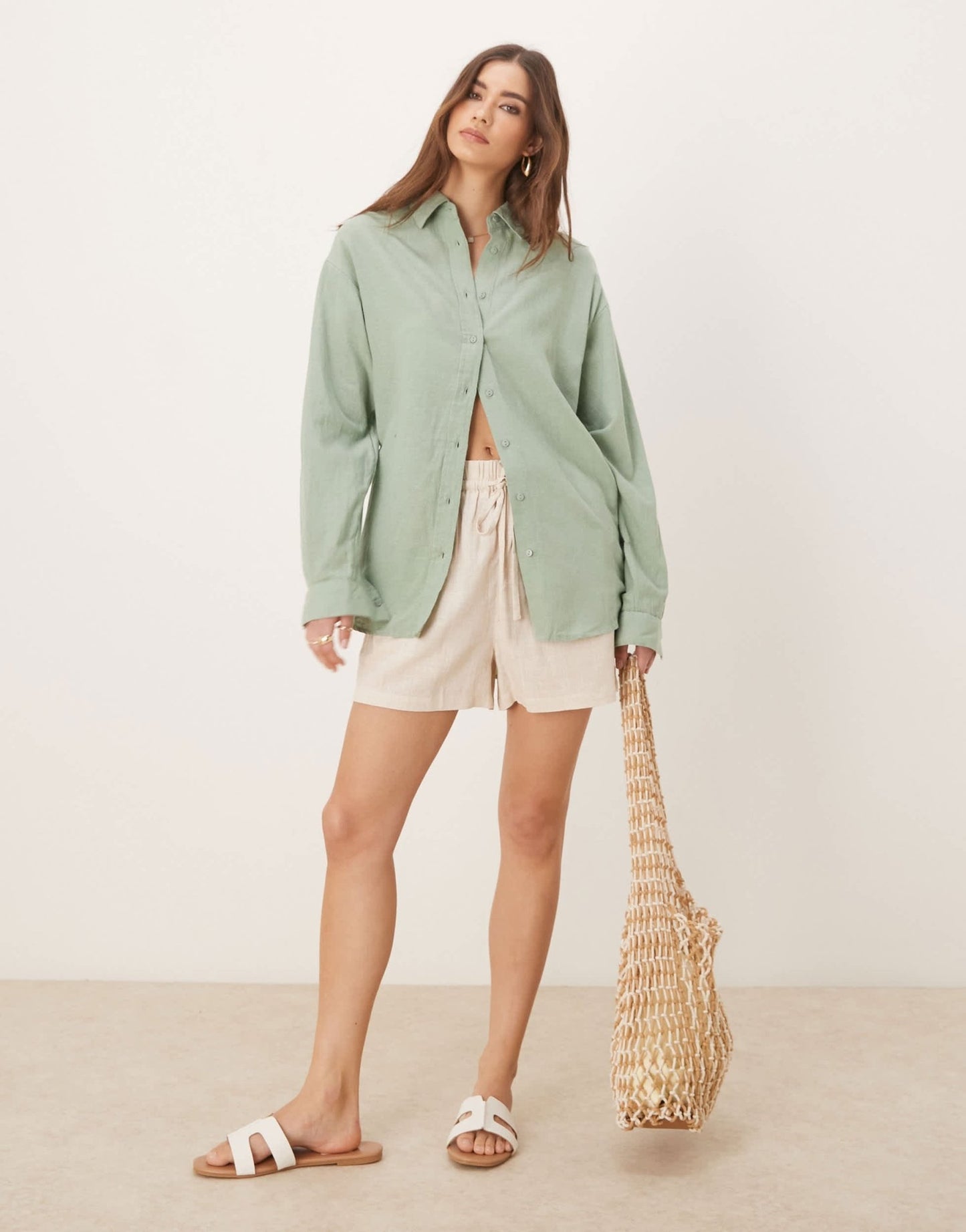 Stradivarius linen look long sleeve shirt in khaki - ASOS Sample Sale