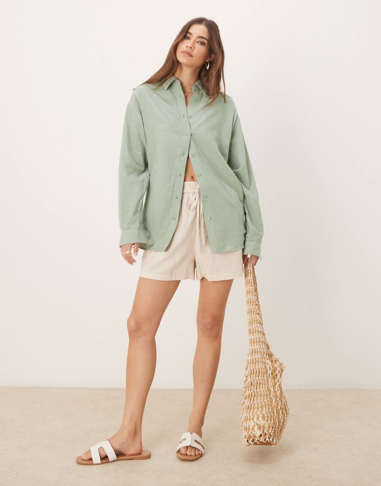 Stradivarius linen look long sleeve shirt in khaki - ASOS Sample Sale