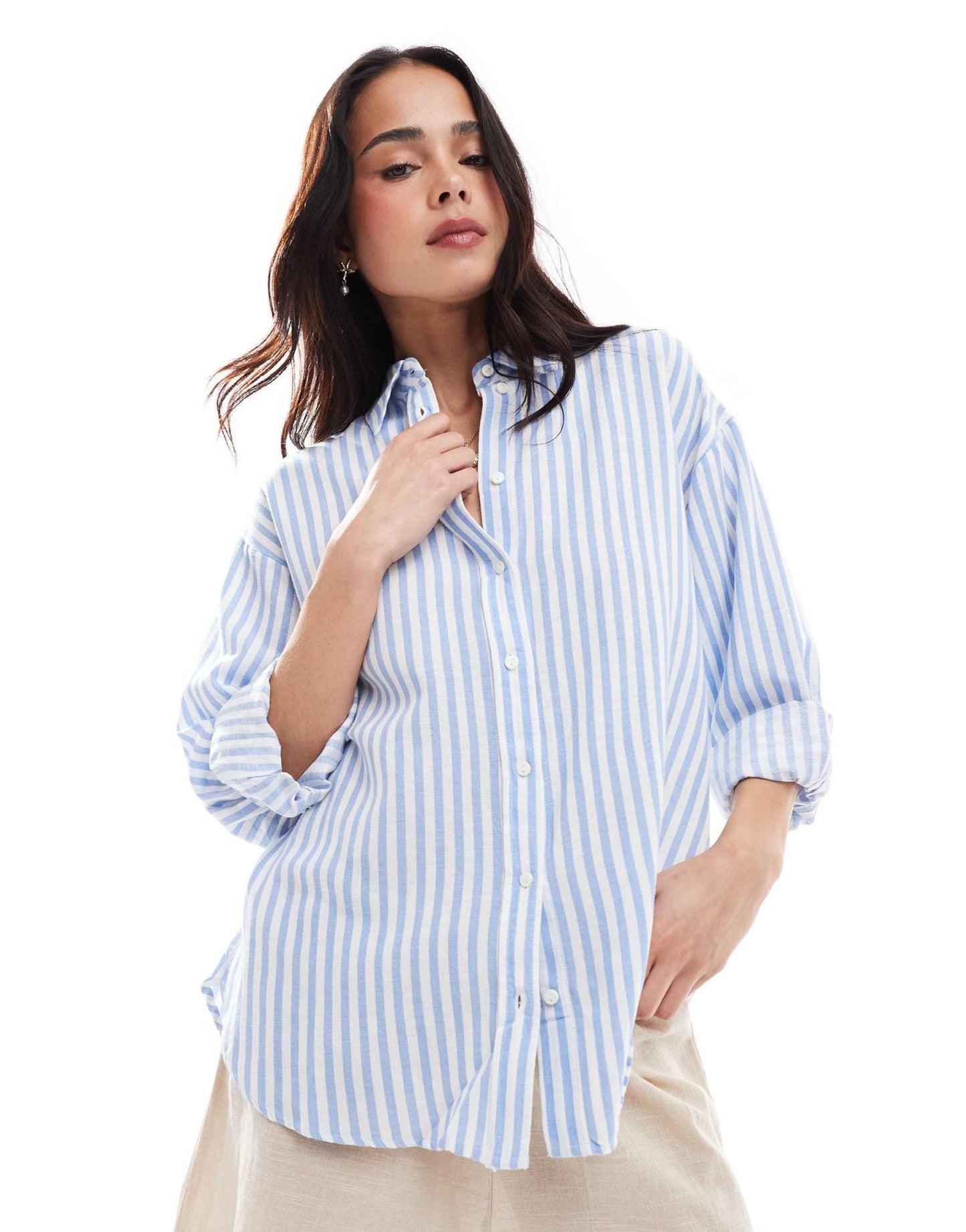 Stradivarius linen look long sleeve shirt in light blue stripe - ASOS Sample Sale