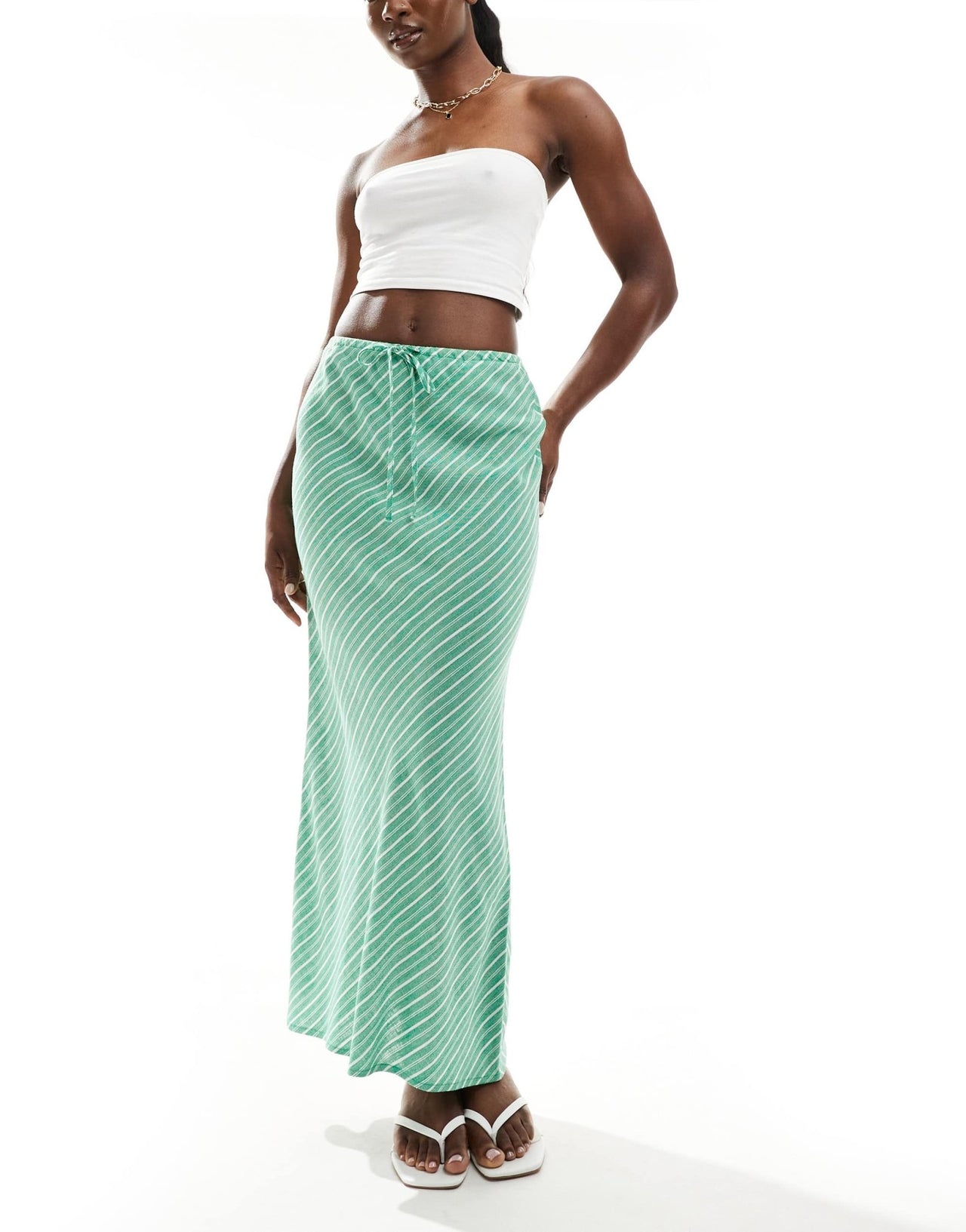 Stradivarius linen look maxi skirt in green stripe - ASOS Sample Sale