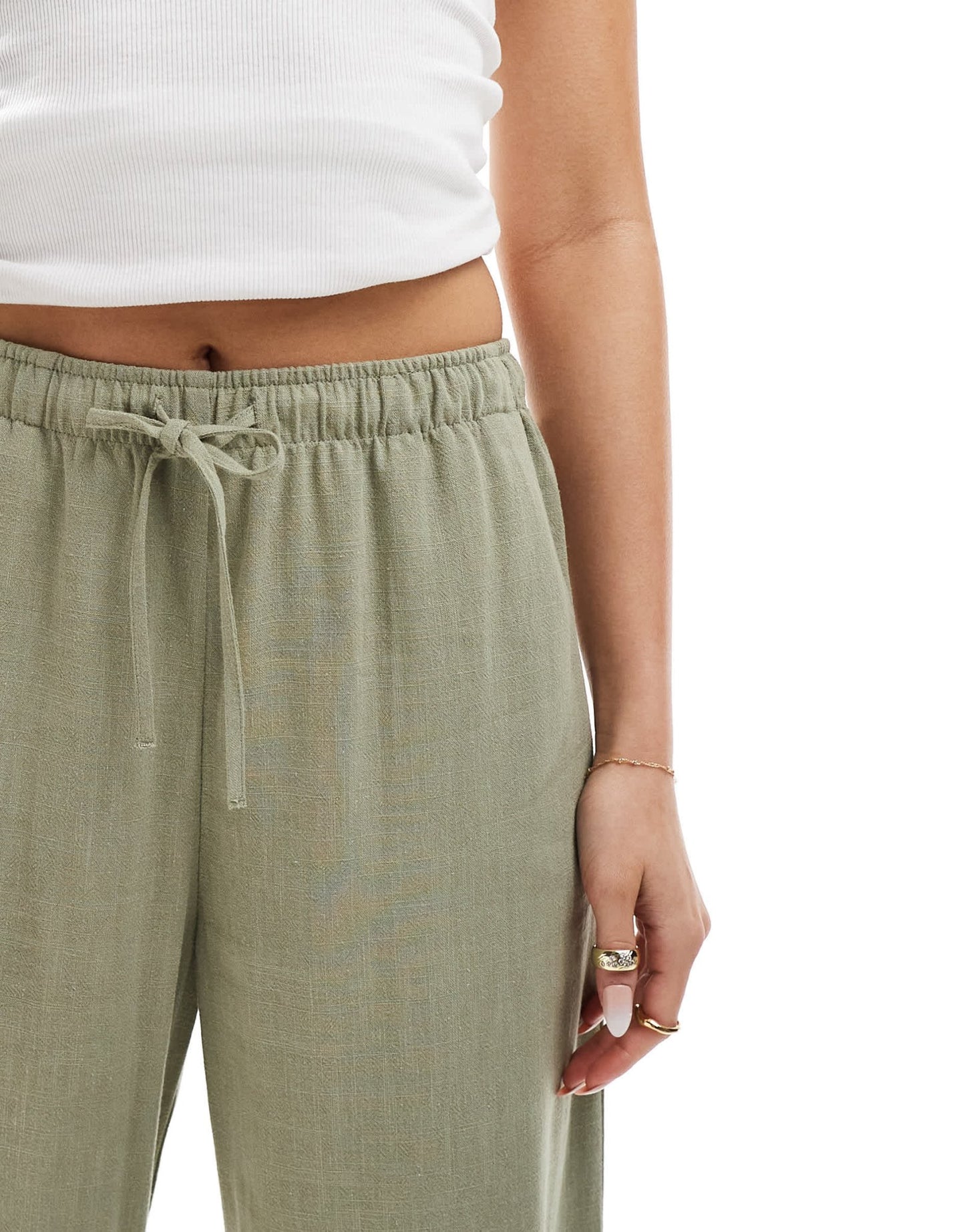 Stradivarius linen look pull on trouser in khaki - ASOS Sample Sale