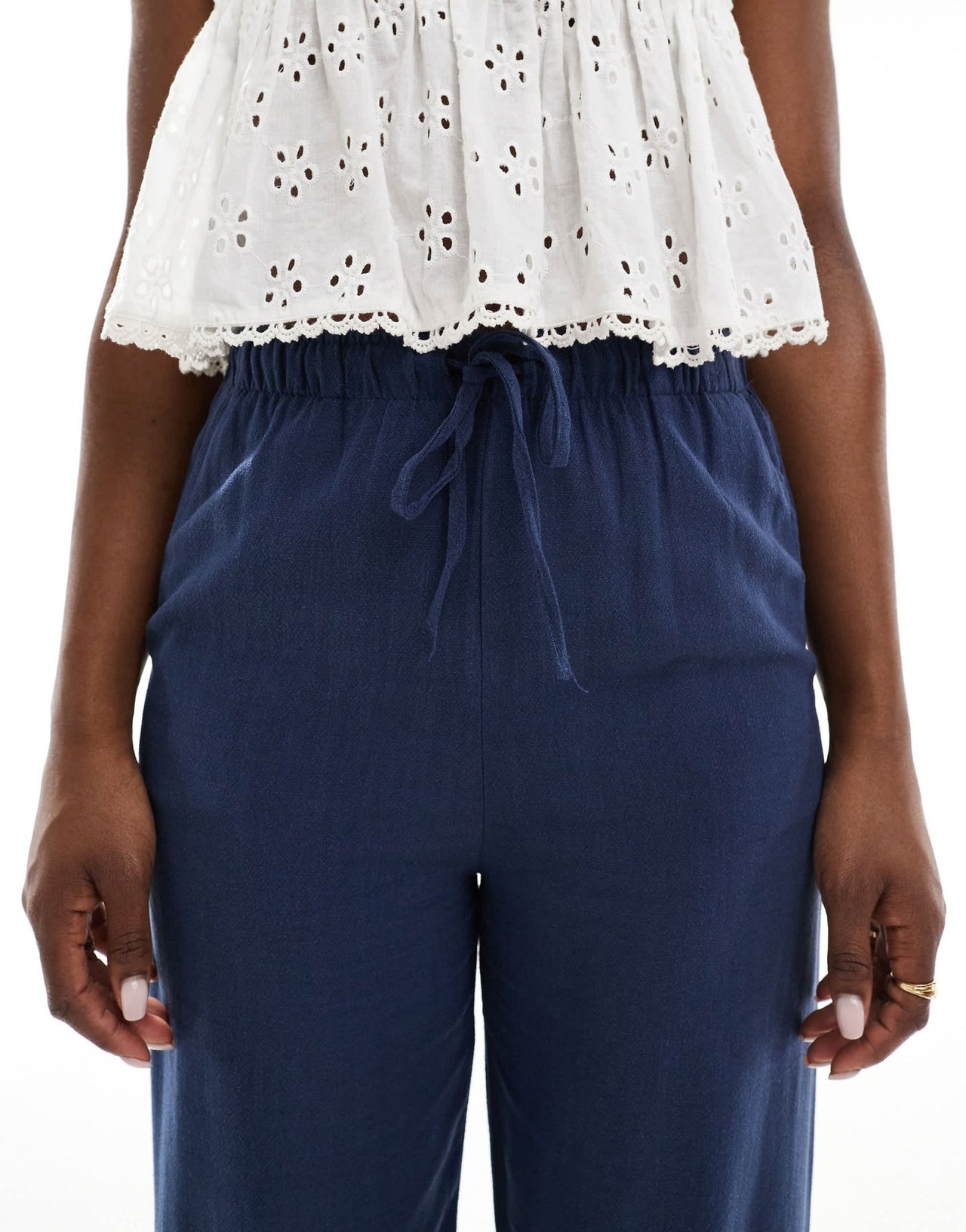 Stradivarius linen look pull on trouser in navy - ASOS Sample Sale