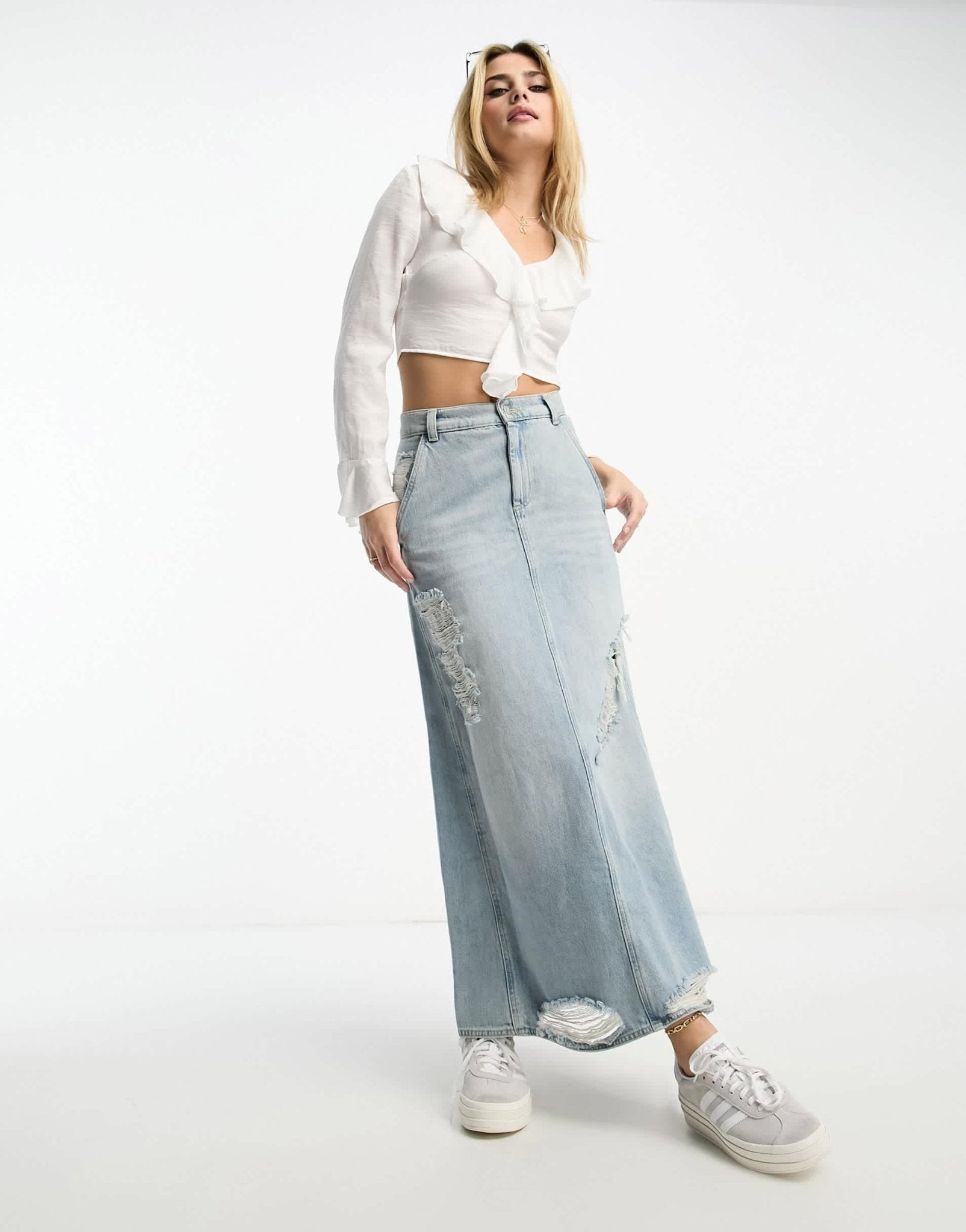 Stradivarius linen look ruffle blouse in white - ASOS Sample Sale