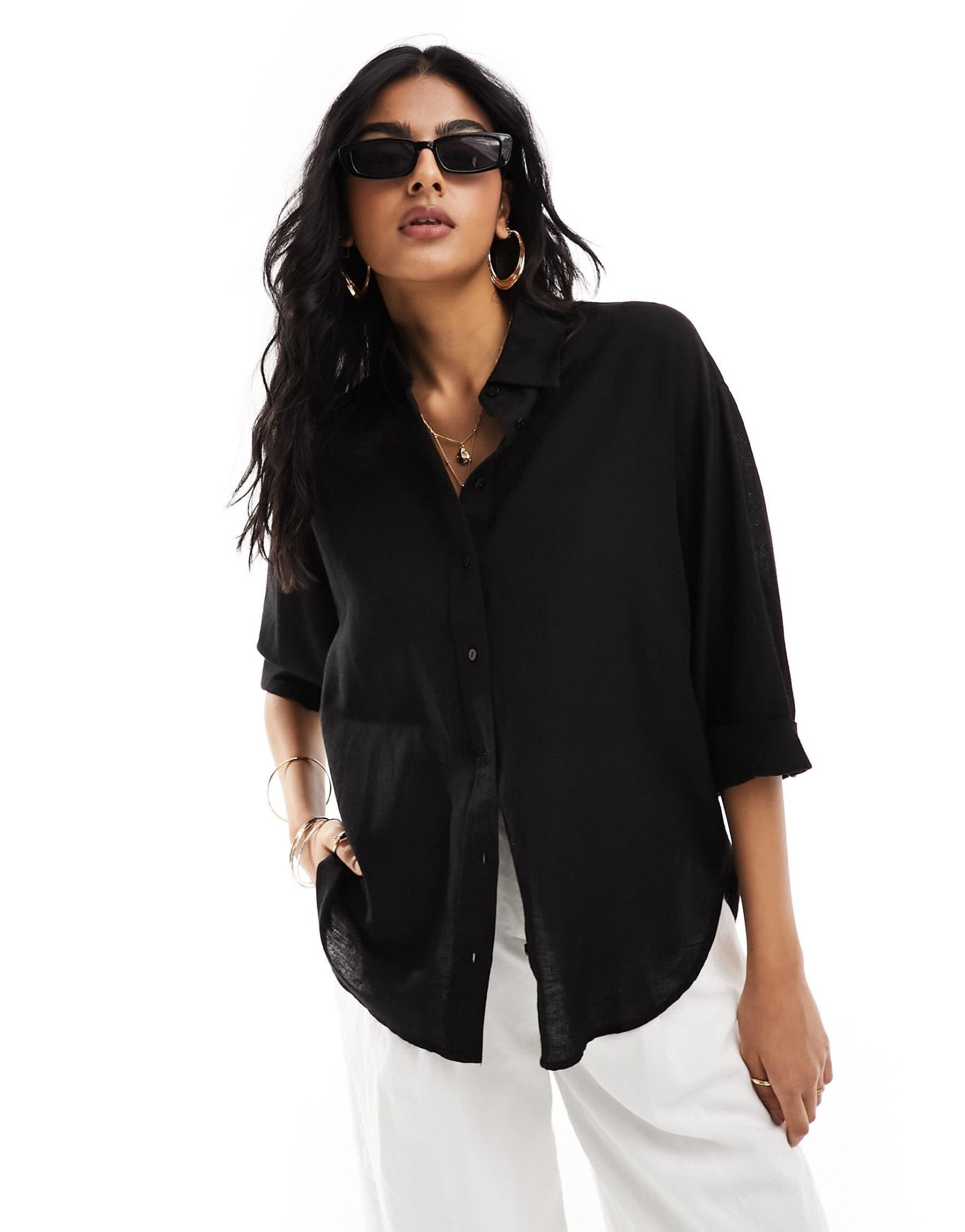 Stradivarius linen look shirt in black - ASOS Sample Sale