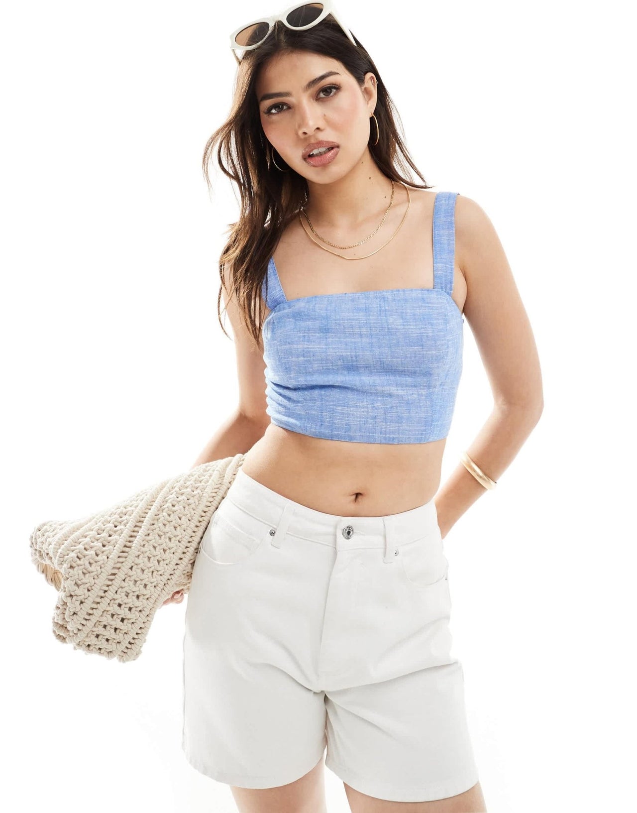 Stradivarius linen look square neck cami top in blue - ASOS Sample Sale