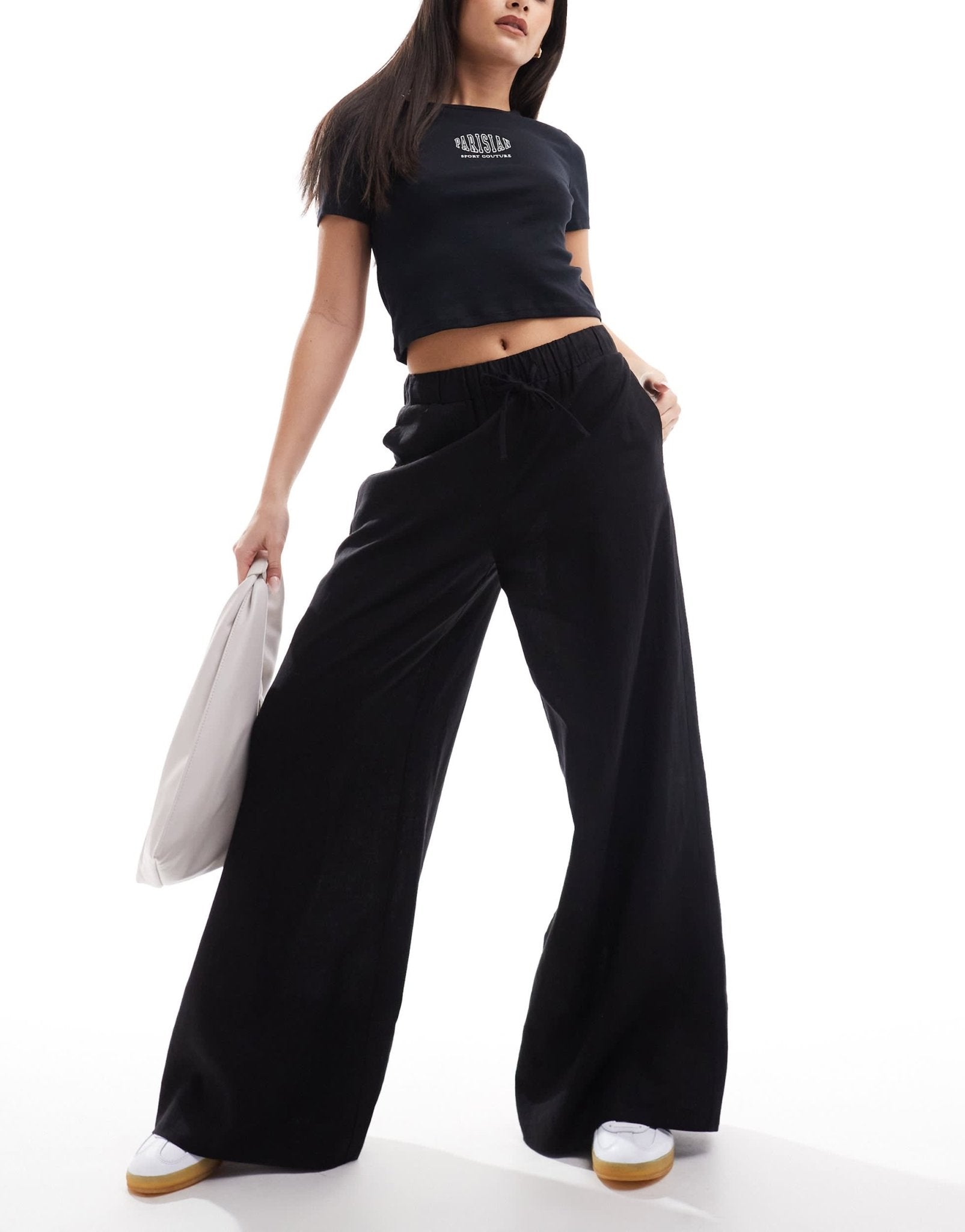 Stradivarius linen look super wide leg trouser in black - ASOS Sample Sale