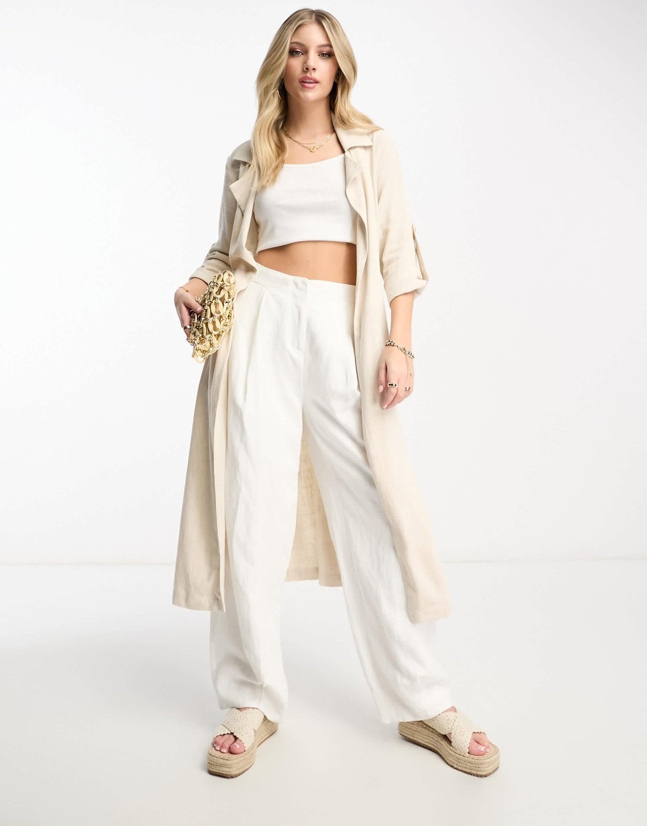 Stradivarius linen look trench coat in natural - ASOS Sample Sale