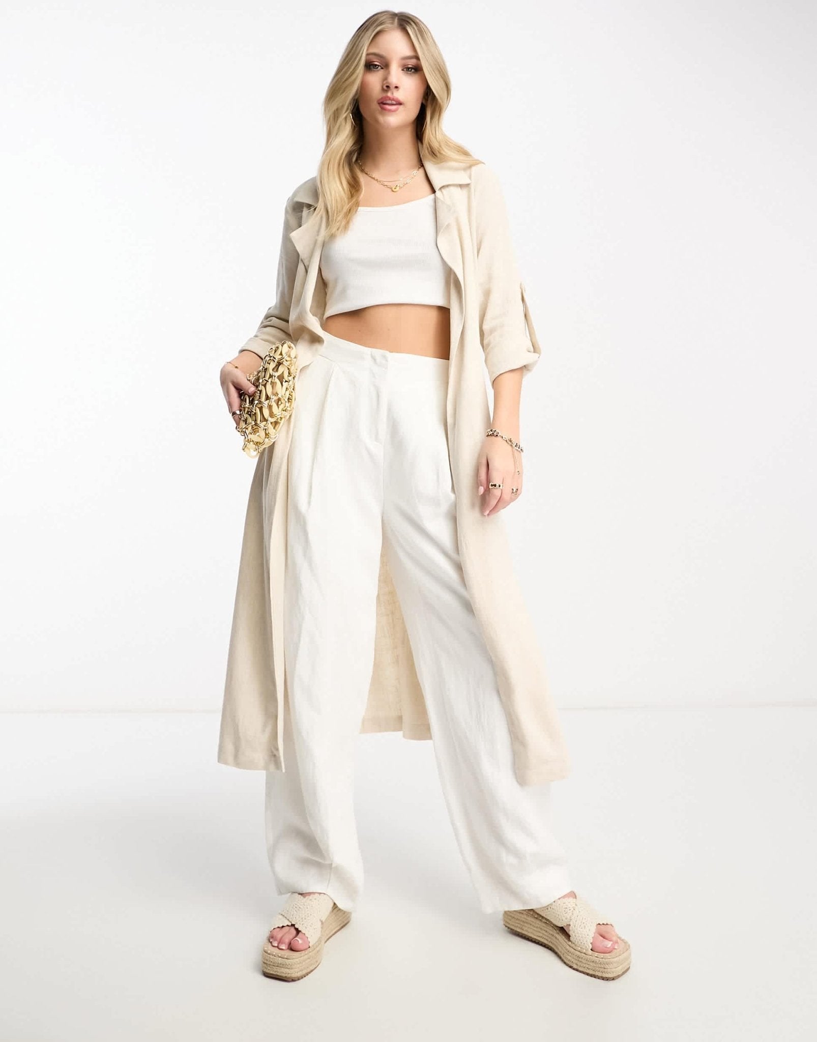 Stradivarius linen look trench coat in natural - ASOS Sample Sale