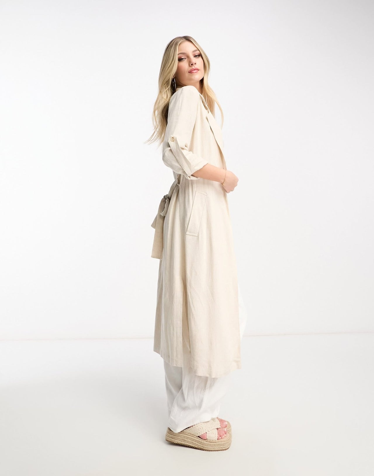 Stradivarius linen look trench coat in natural - ASOS Sample Sale