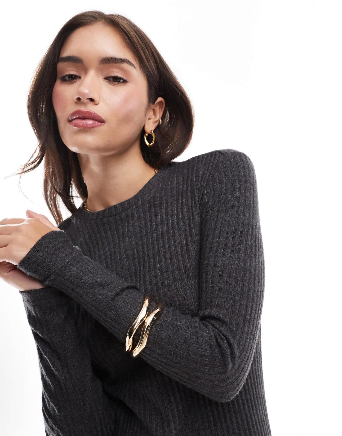 Stradivarius long sleeve brushed midi dress in grey - ASOS Sample Sale