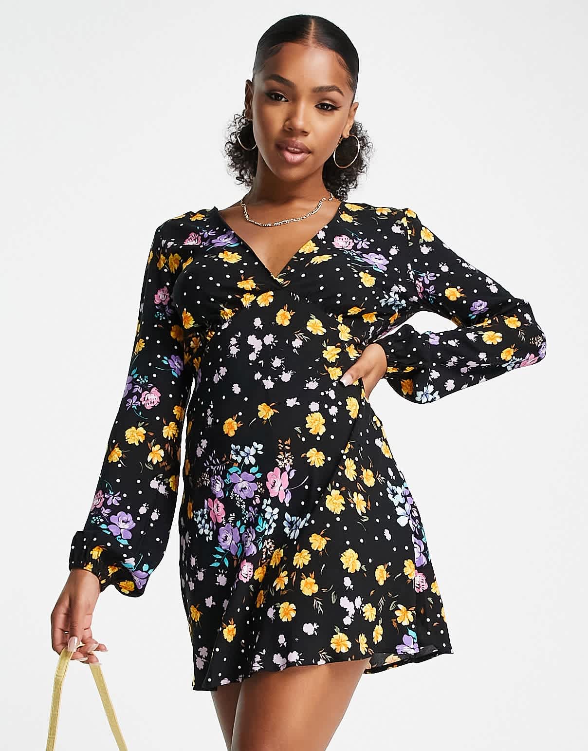 Stradivarius long sleeve mini tea dress in mixed floral print - ASOS Sample Sale
