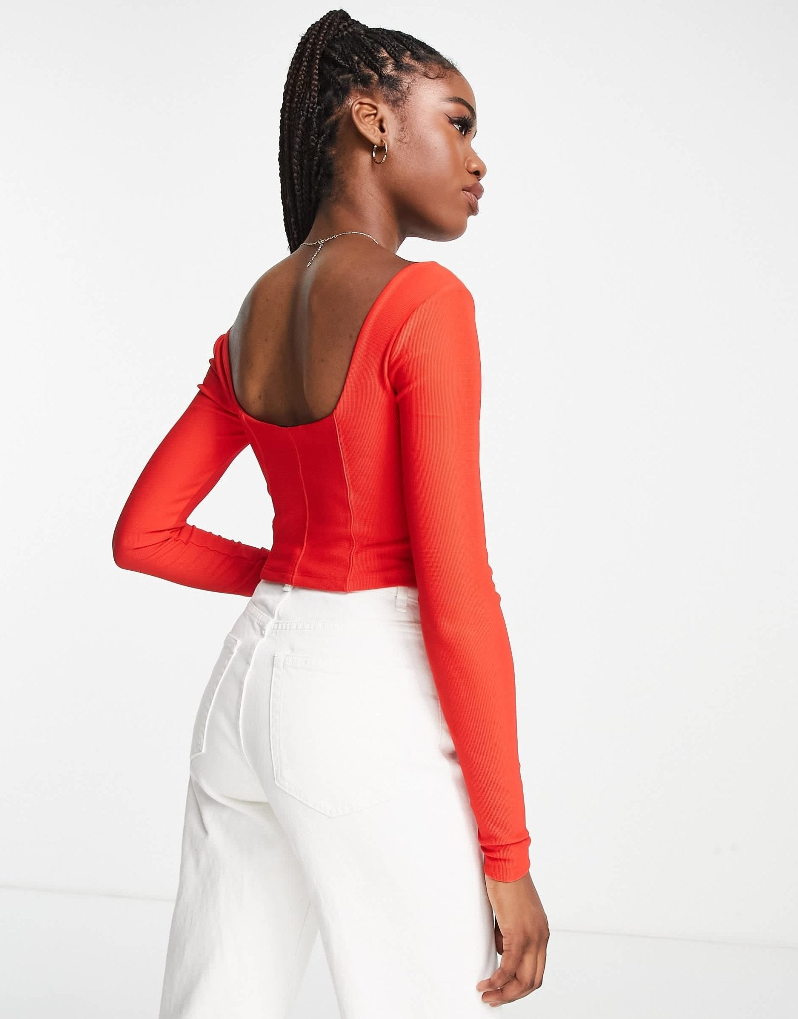 Stradivarius long sleeve structured rib corset top in red - ASOS Sample Sale
