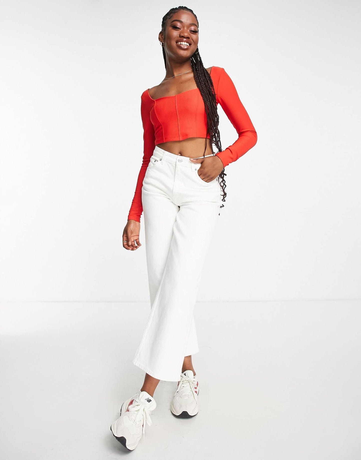 Stradivarius long sleeve structured rib corset top in red - ASOS Sample Sale