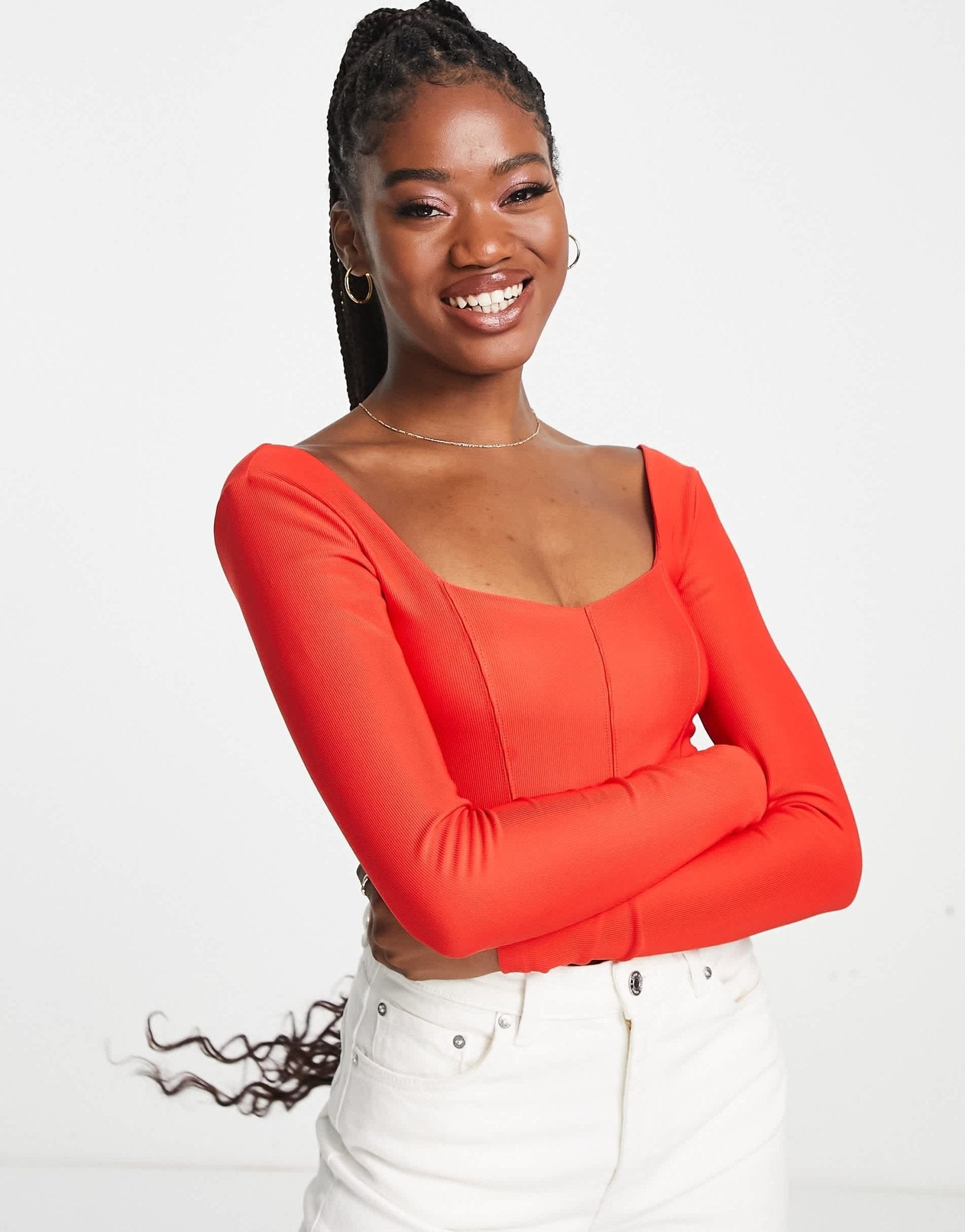 Stradivarius long sleeve structured rib corset top in red - ASOS Sample Sale