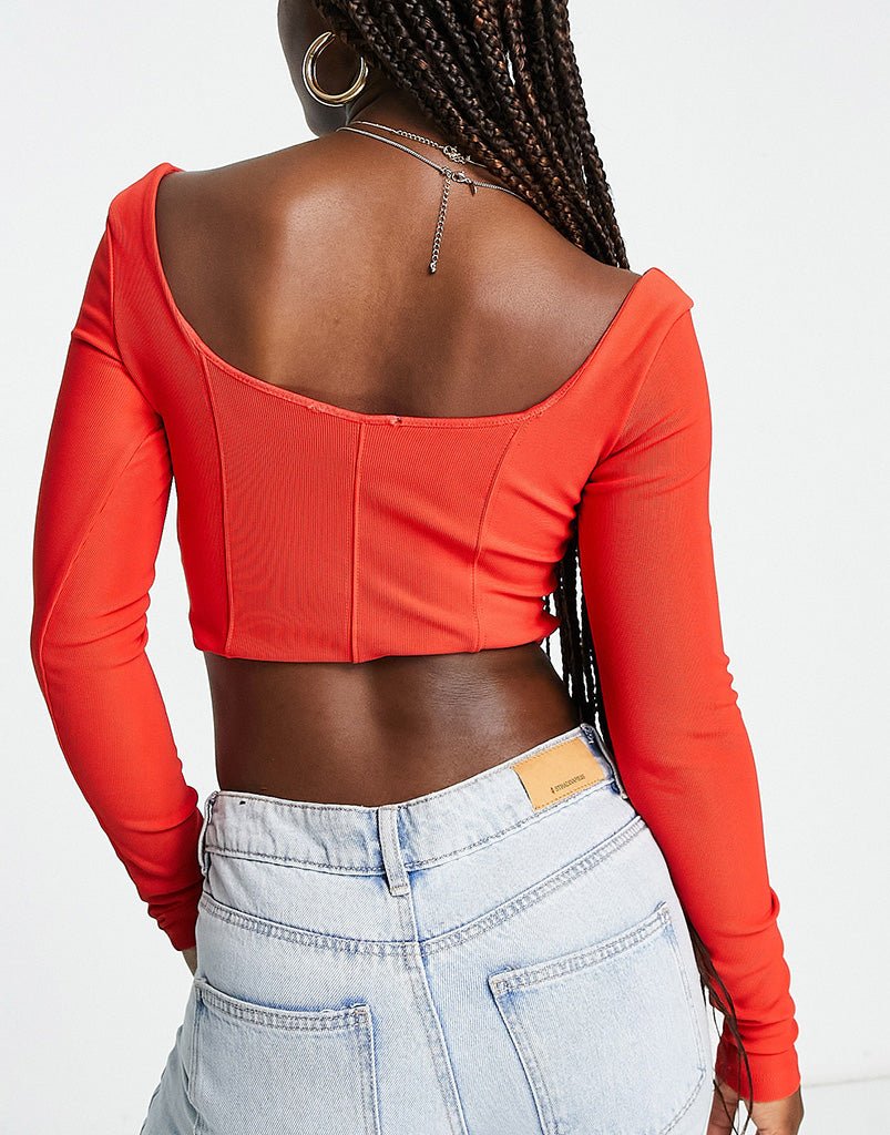 Stradivarius long sleeve structured rib corset top in red - ASOS Sample Sale