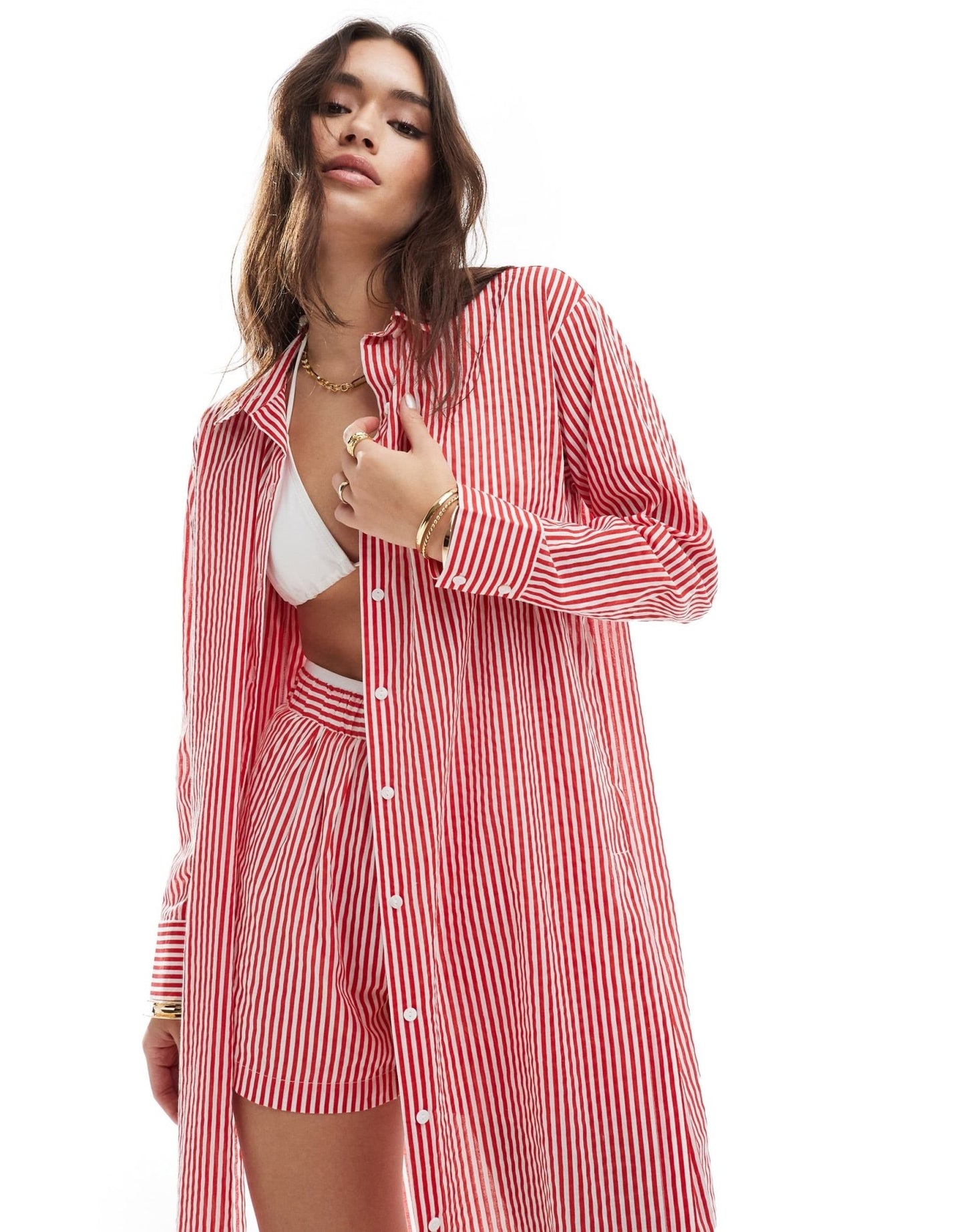 Stradivarius longline beach shirt in red stripe co-ord - ASOS Sample Sale