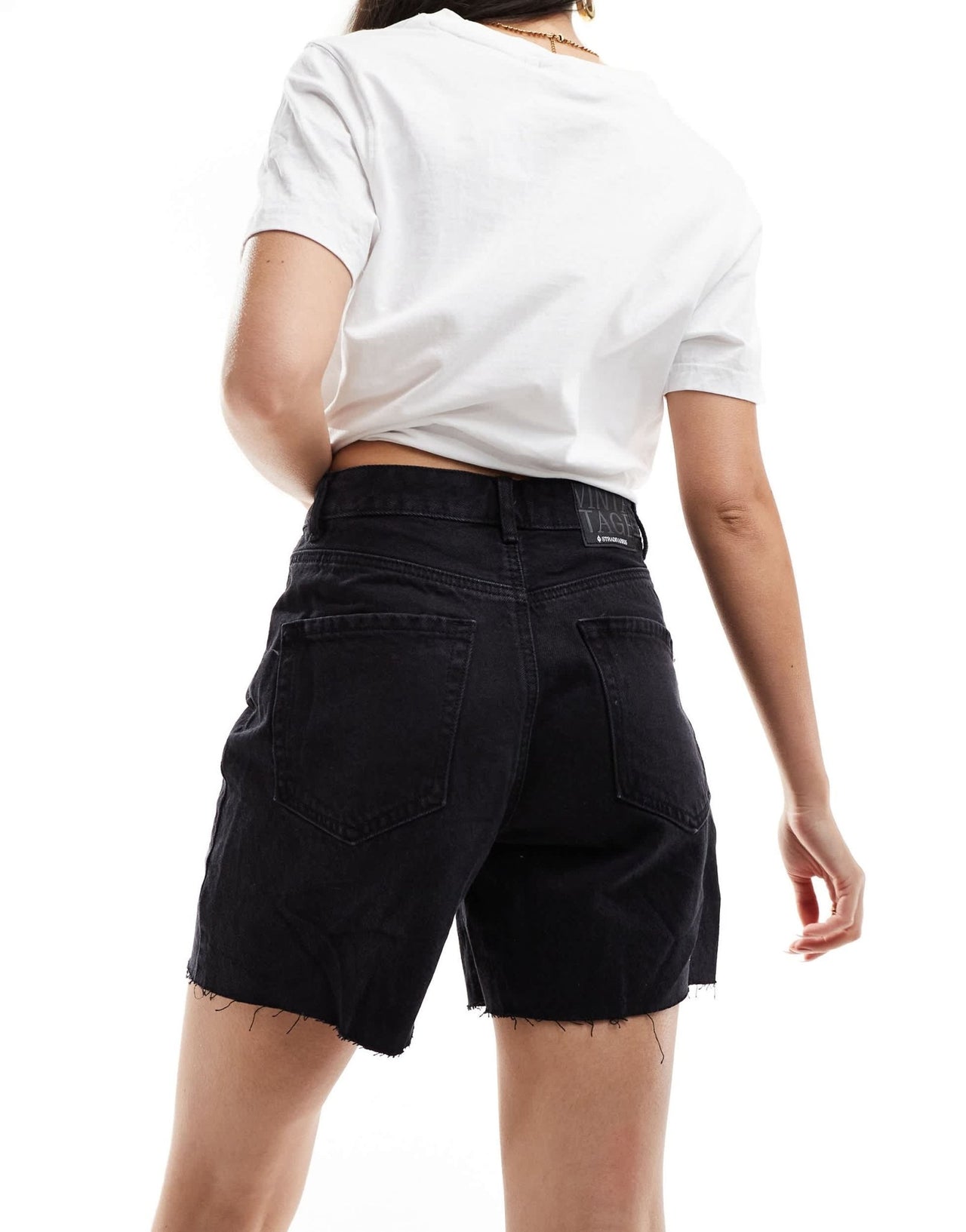 Stradivarius longline denim short in black - ASOS Sample Sale