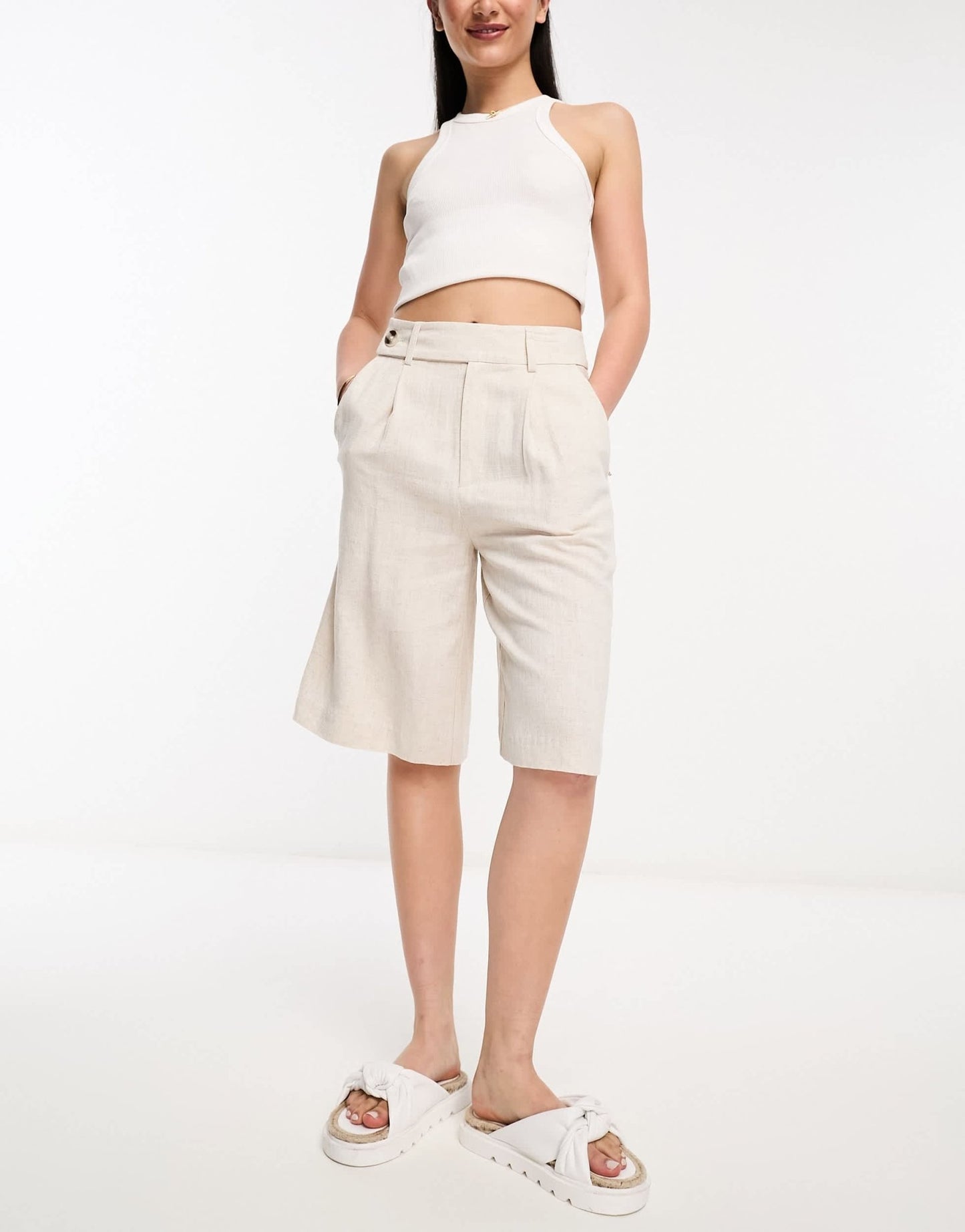 Stradivarius longline linen short in natural - ASOS Sample Sale