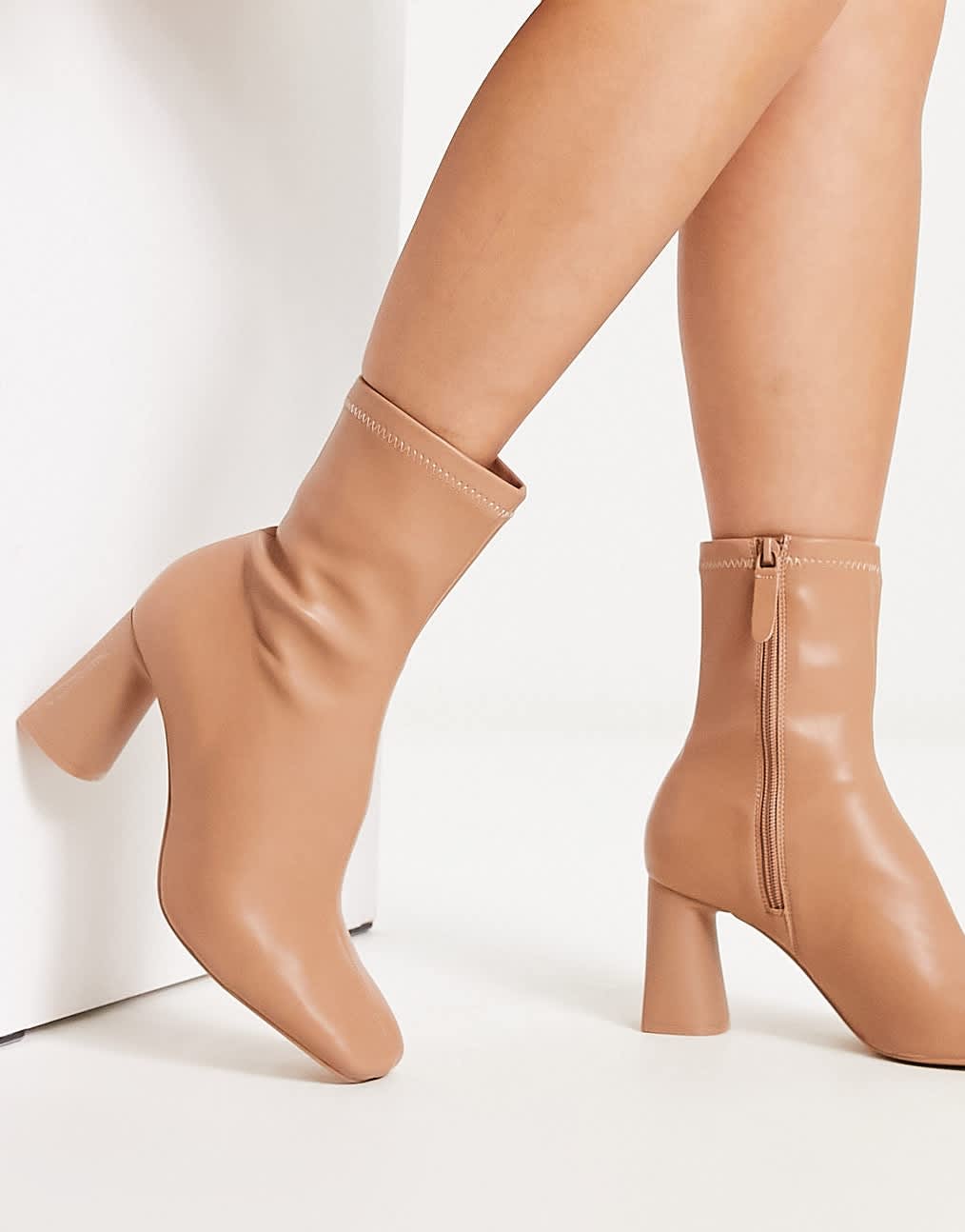 Stradivarius mid heel sock boot in camel - ASOS Sample Sale