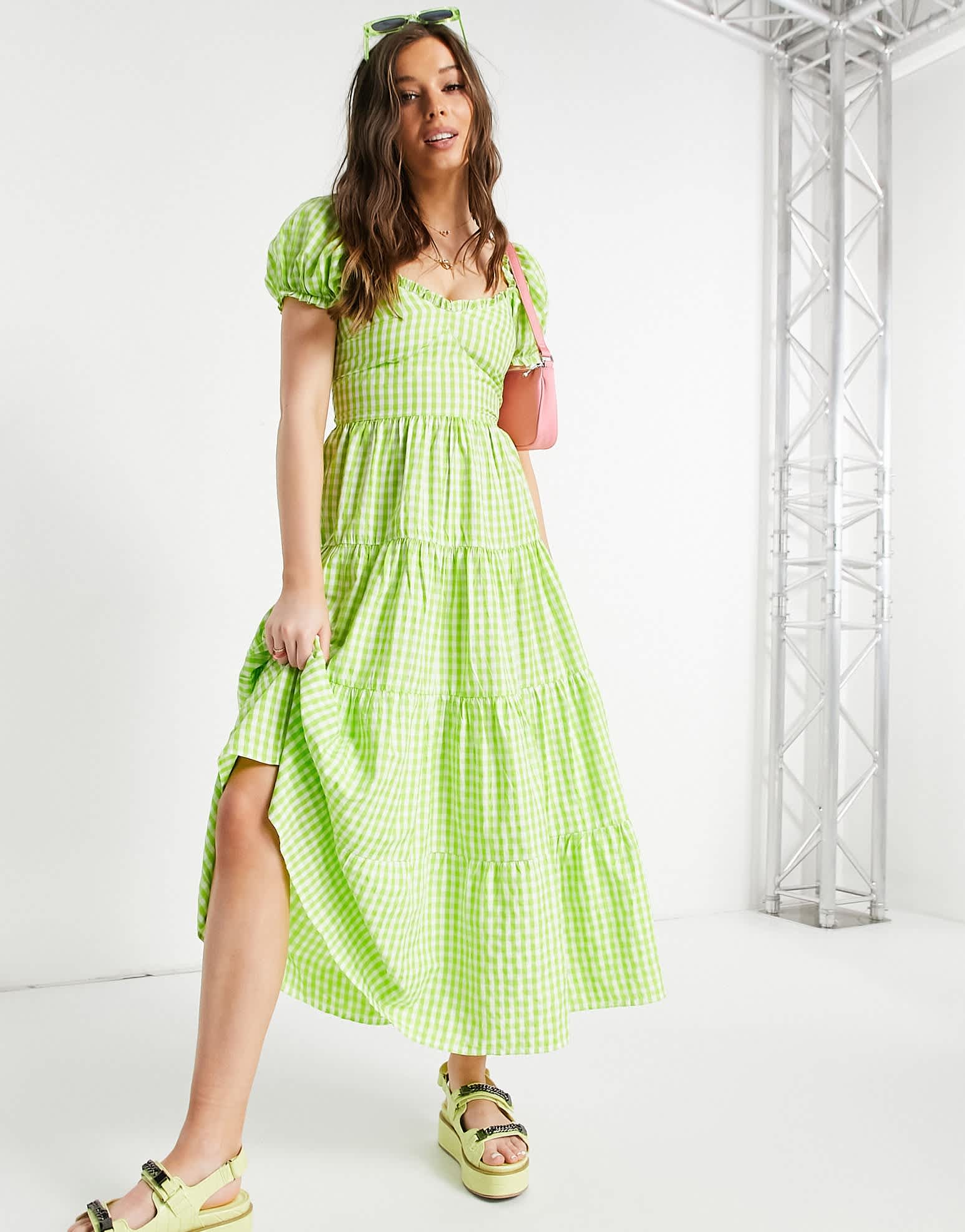 Stradivarius milkmaid poplin dress with puff sleeves in green gingham - ASOS Sample Sale