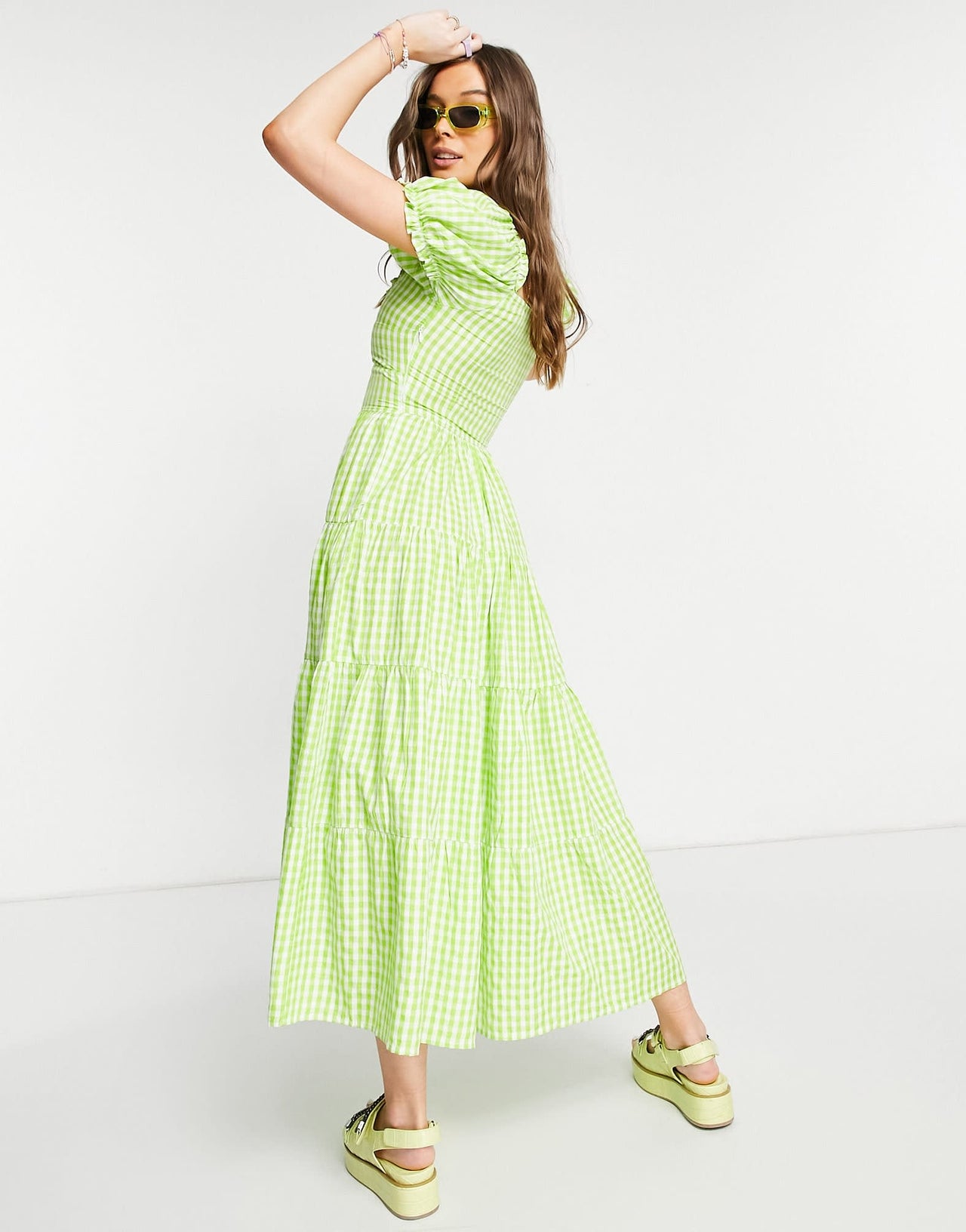 Stradivarius milkmaid poplin dress with puff sleeves in green gingham - ASOS Sample Sale