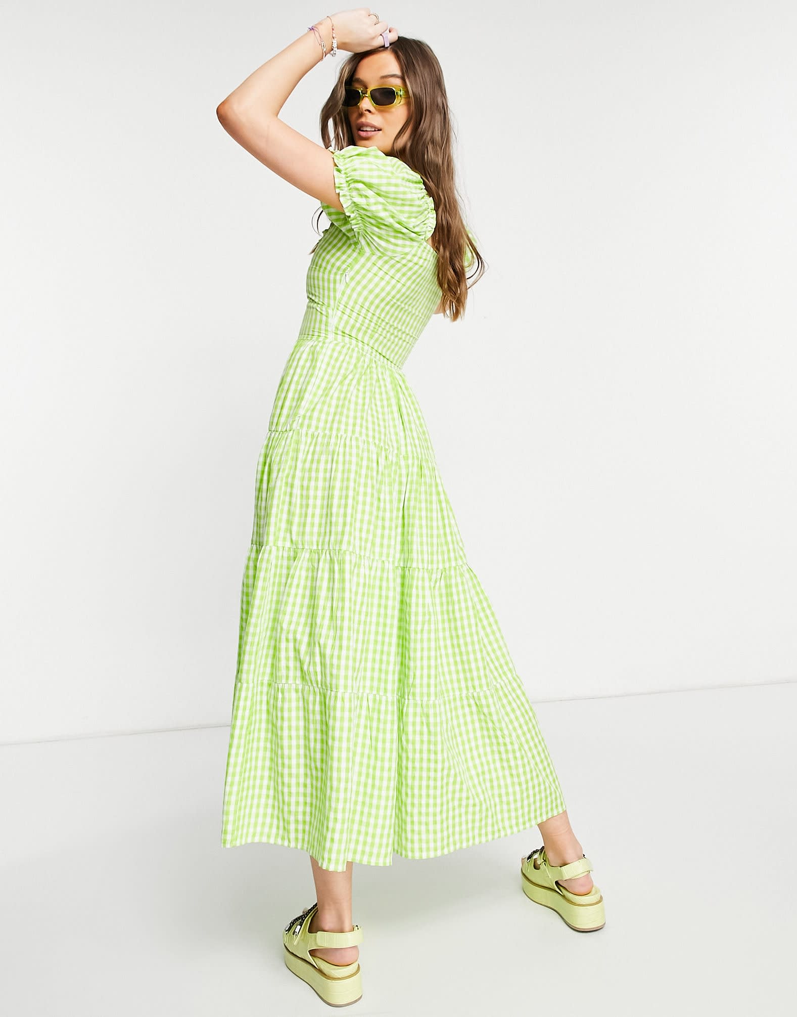 Stradivarius milkmaid poplin dress with puff sleeves in green gingham - ASOS Sample Sale