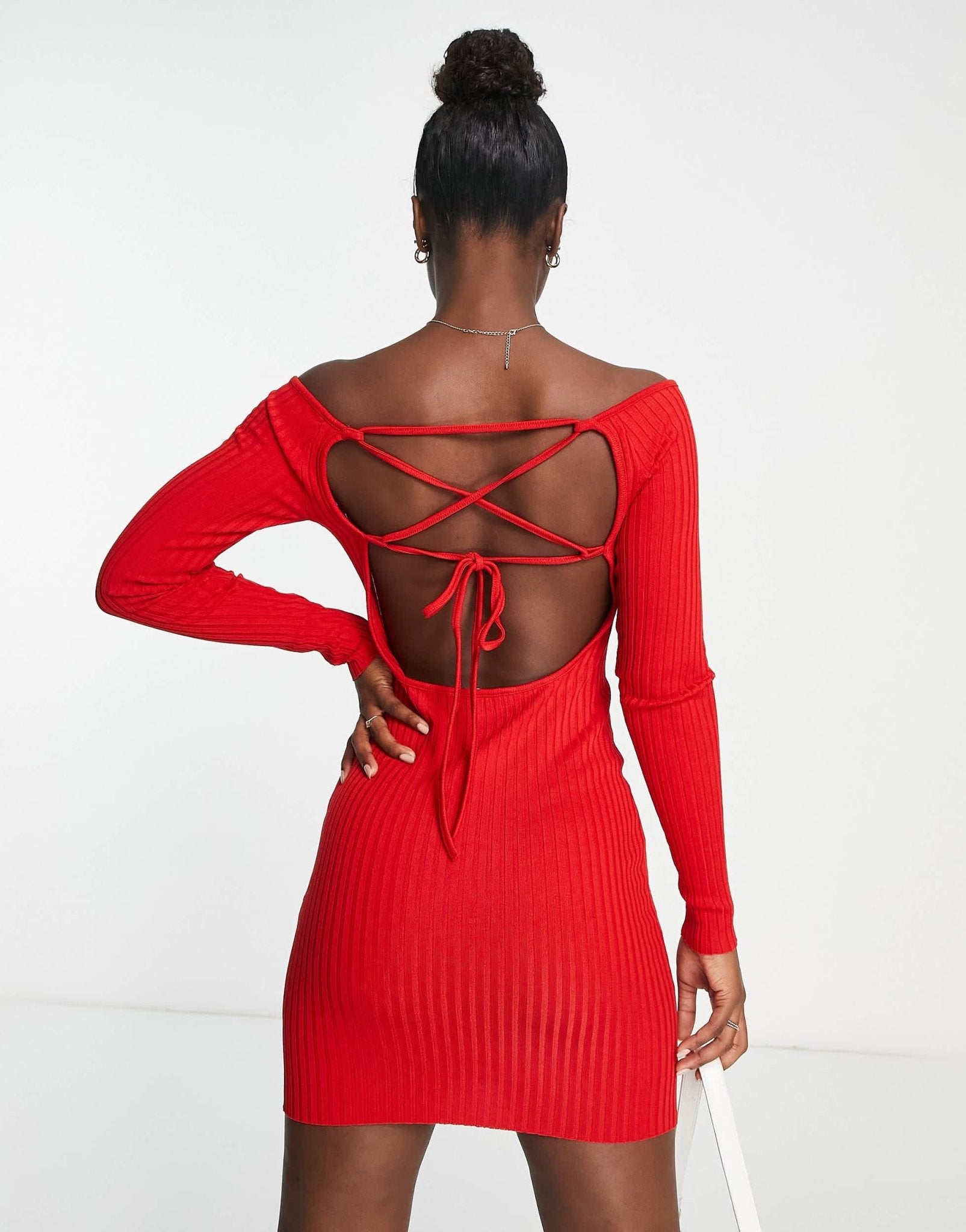 Stradivarius off shoulder wide neck midi dress with open back in red - ASOS Sample Sale