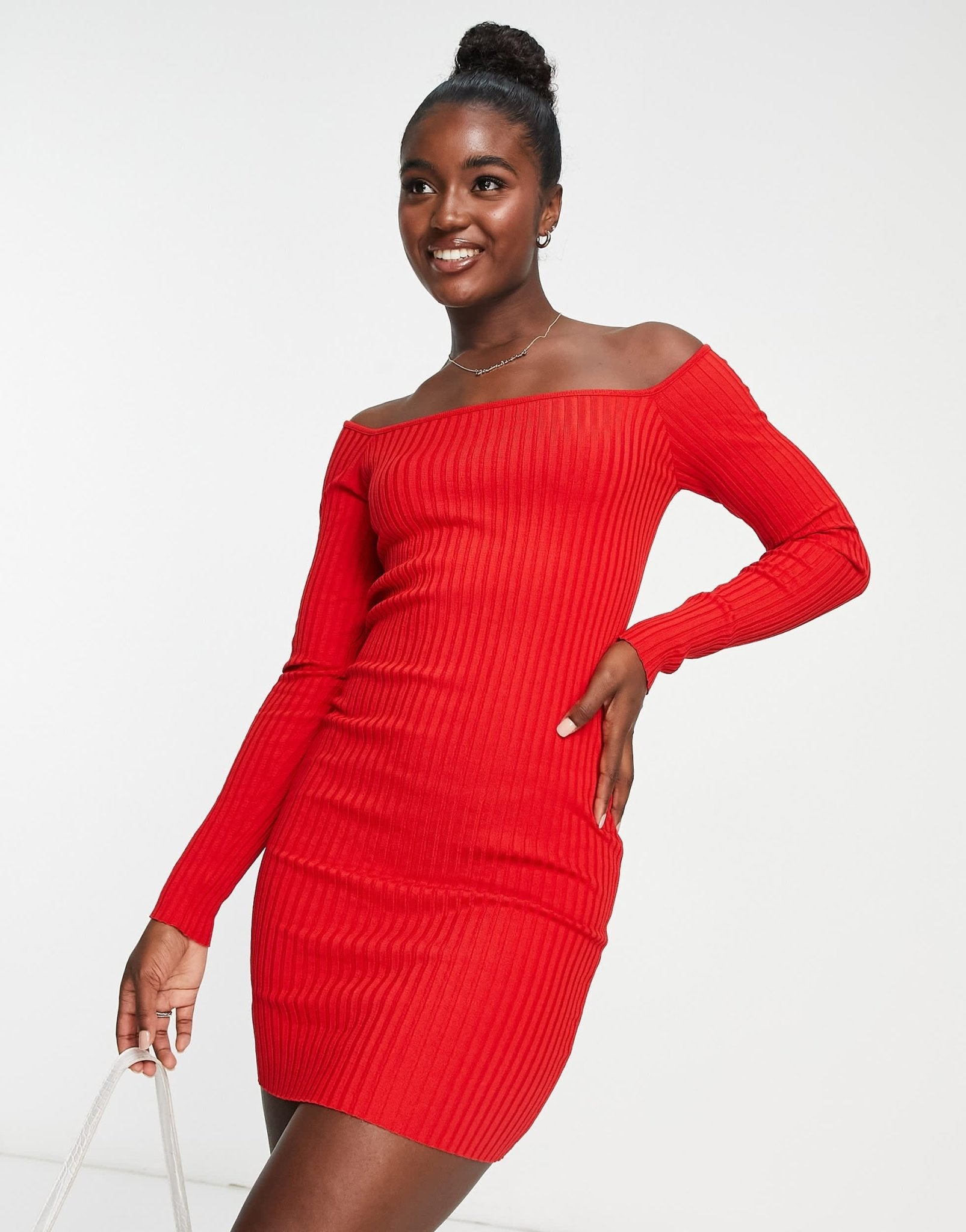 Stradivarius off shoulder wide neck midi dress with open back in red - ASOS Sample Sale