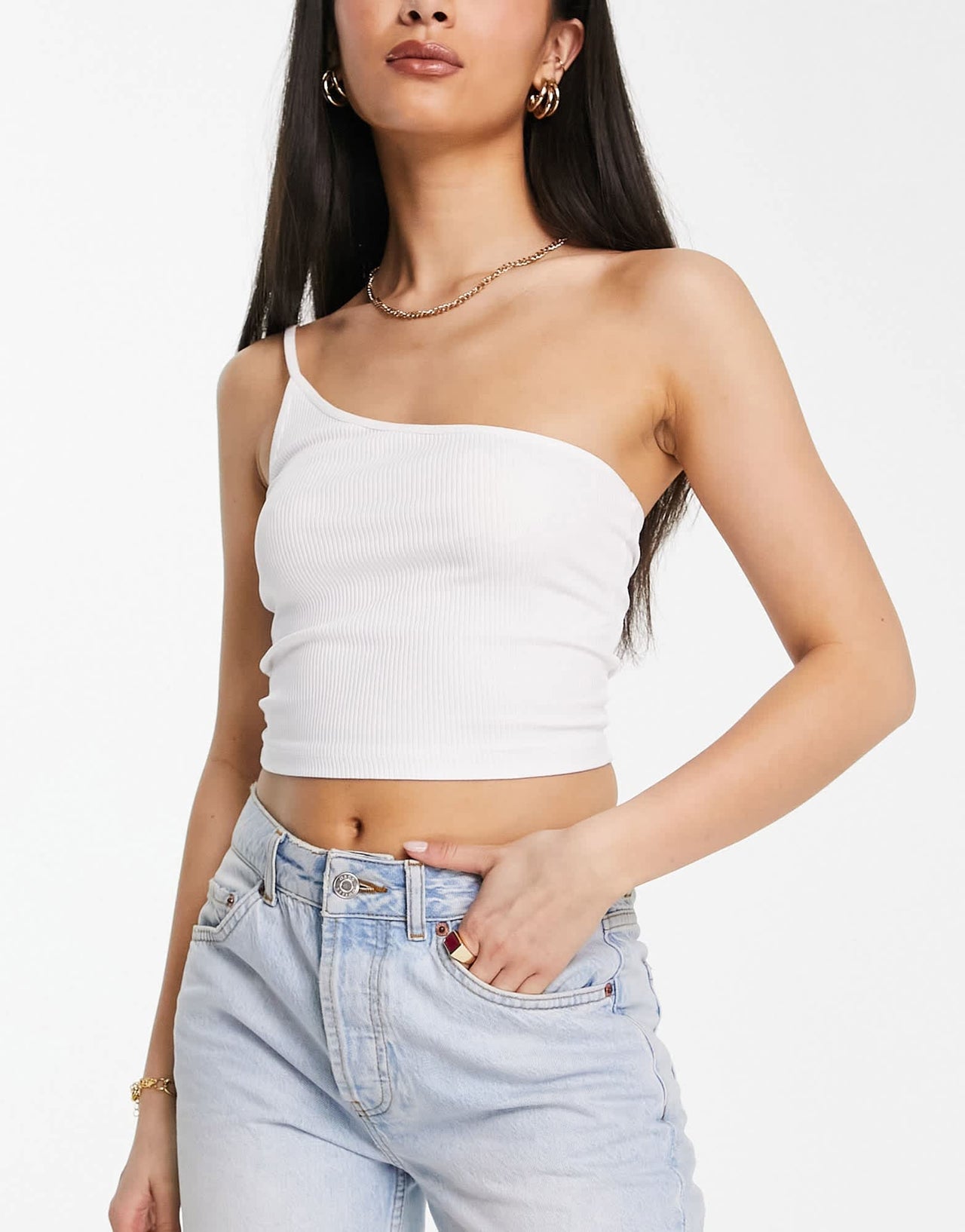 Stradivarius one shoulder cami top 2 pack in stone & white - ASOS Sample Sale
