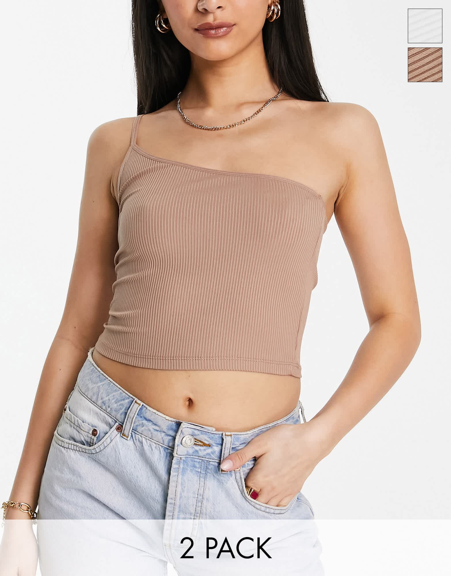 Stradivarius one shoulder cami top 2 pack in stone & white - ASOS Sample Sale