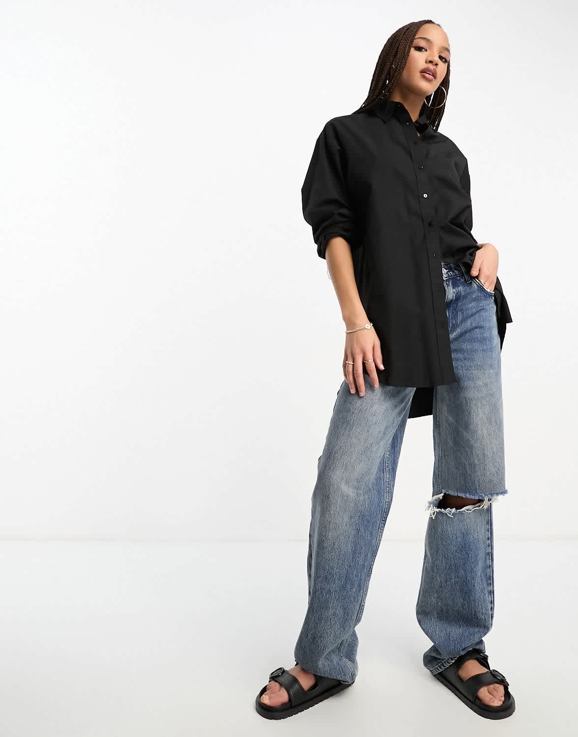 Stradivarius oversized cotton shirt in black - ASOS Sample Sale