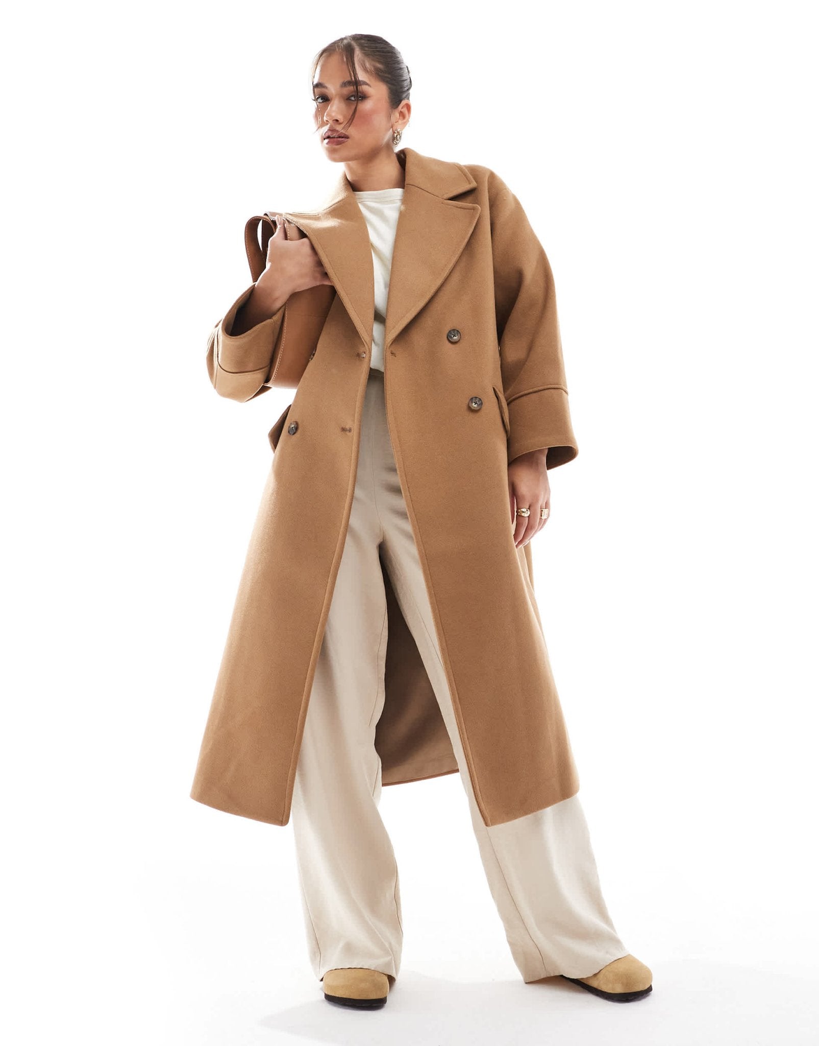 Stradivarius oversized soft touch coat in camel - ASOS Sample Sale