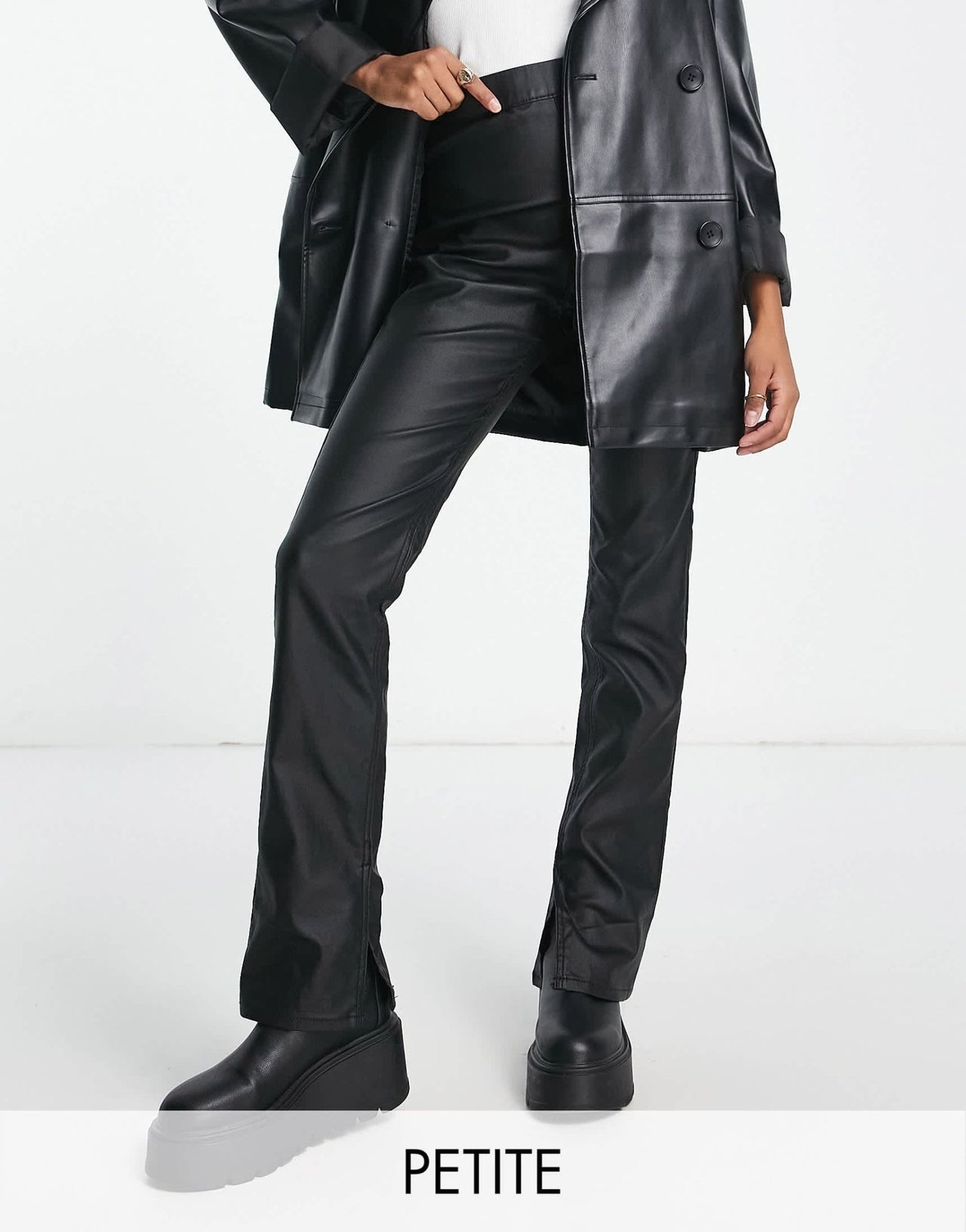 Stradivarius Petite coated flare jean with split hem detail in black - ASOS Sample Sale
