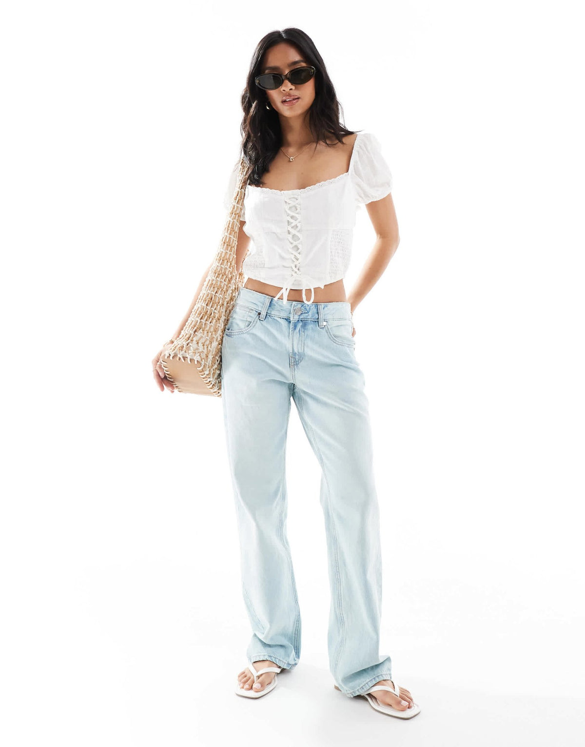 Stradivarius Petite D03 low waisted straight leg jean in light blue wash - ASOS Sample Sale
