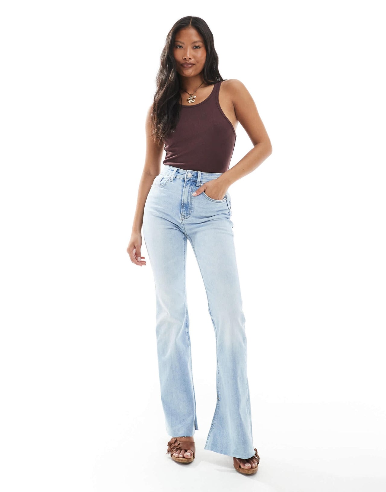 Stradivarius Petite D74 flare slit jean in light wash - ASOS Sample Sale
