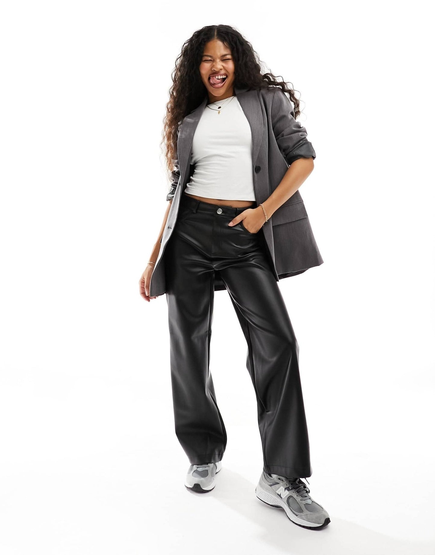 Stradivarius Petite faux leather straight leg trouser in black - ASOS Sample Sale