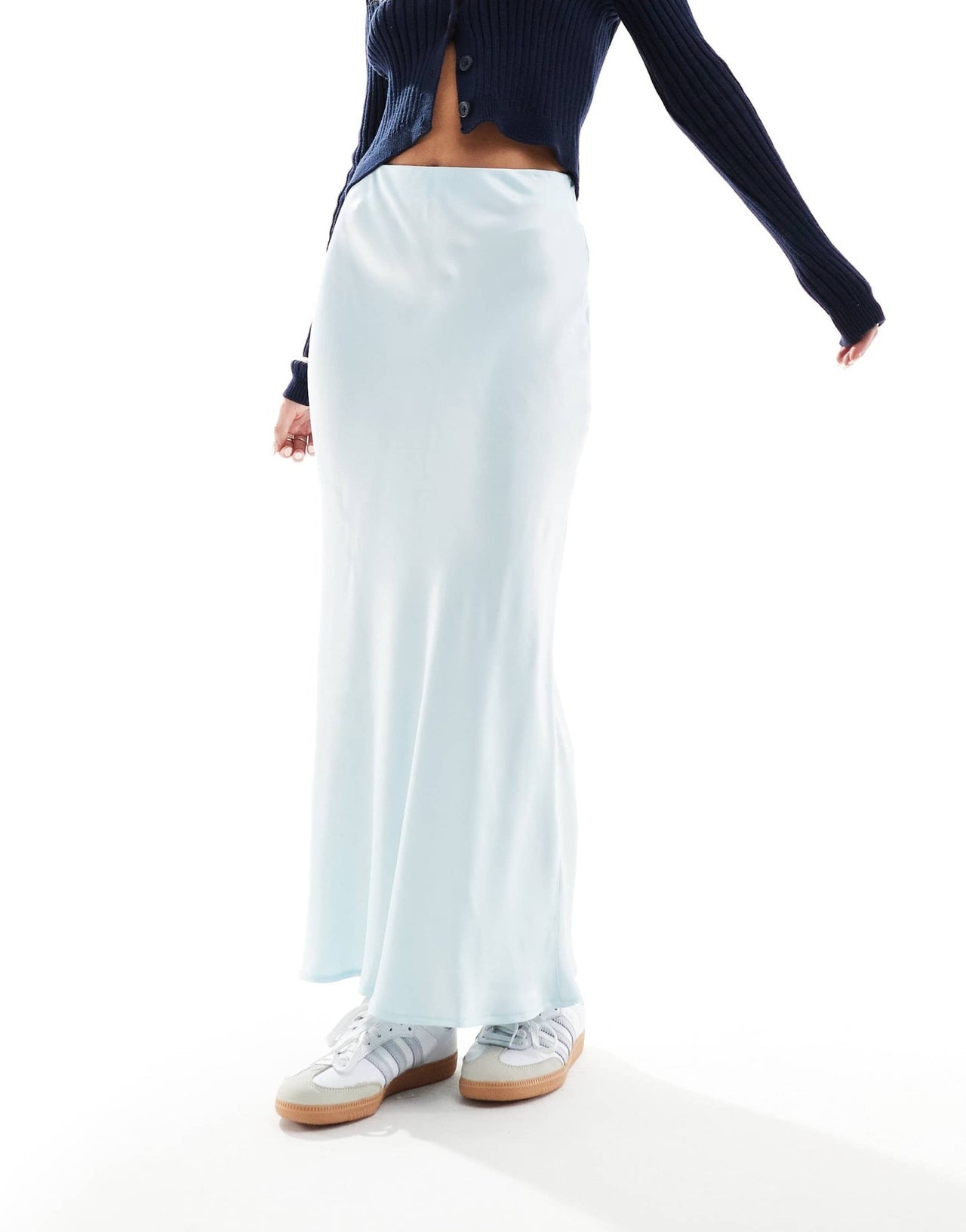 Stradivarius Petite satin maxi skirt in blue - ASOS Sample Sale