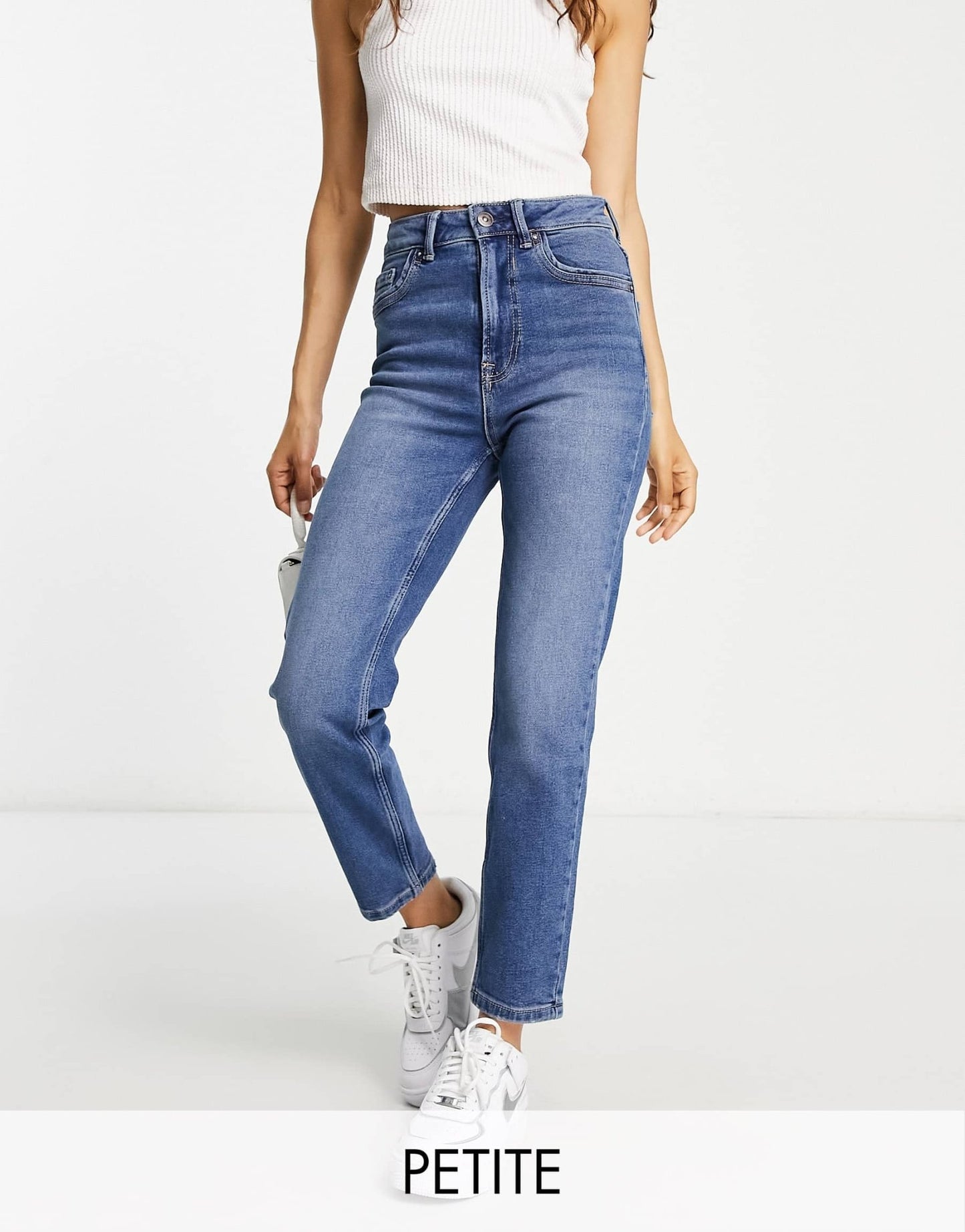 Stradivarius Petite slim mom jean with stretch in authentic blue - ASOS Sample Sale