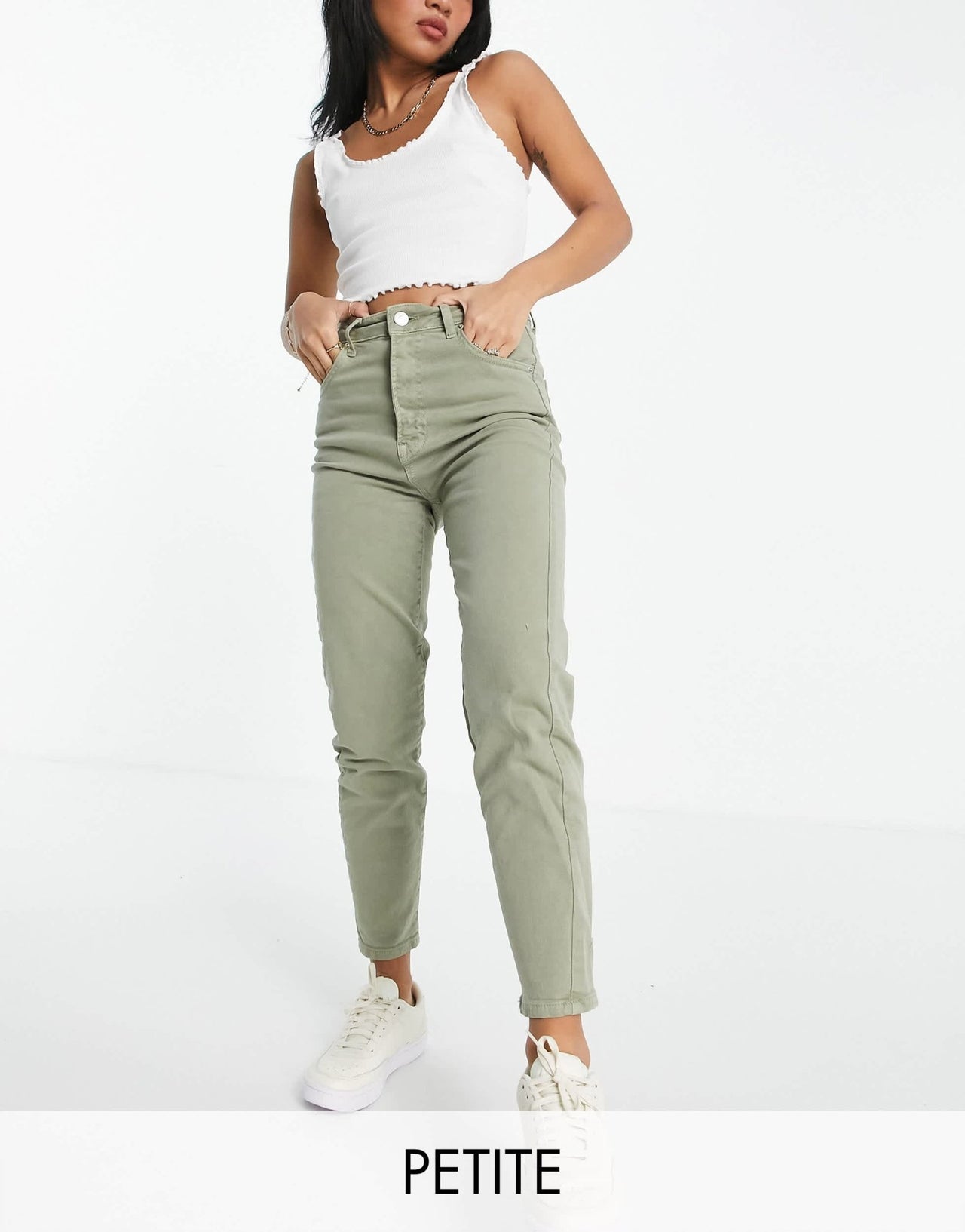 Stradivarius Petite slim mom jean with stretch in washed khaki - ASOS Sample Sale