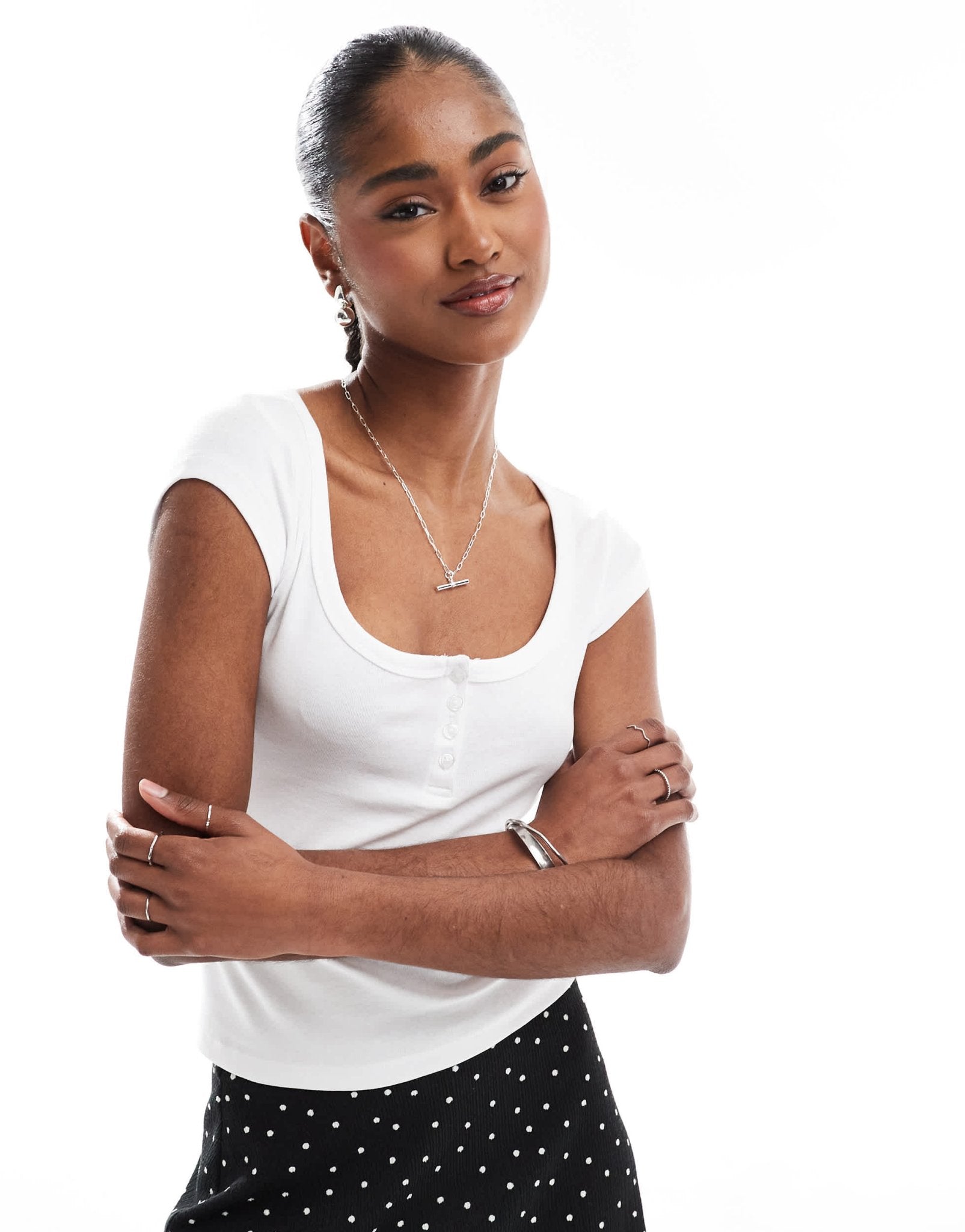 Stradivarius popper detail sweetheart neck t-shirt in white - ASOS Sample Sale