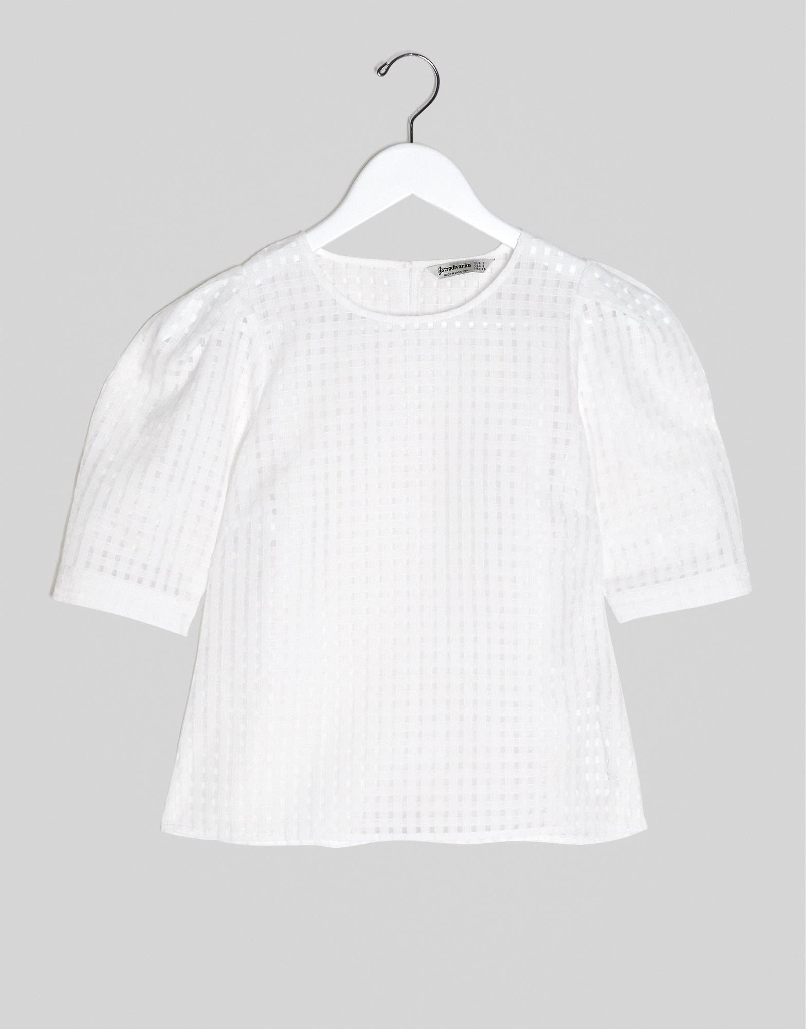 Stradivarius puff sleeve blouse in white check - ASOS Sample Sale