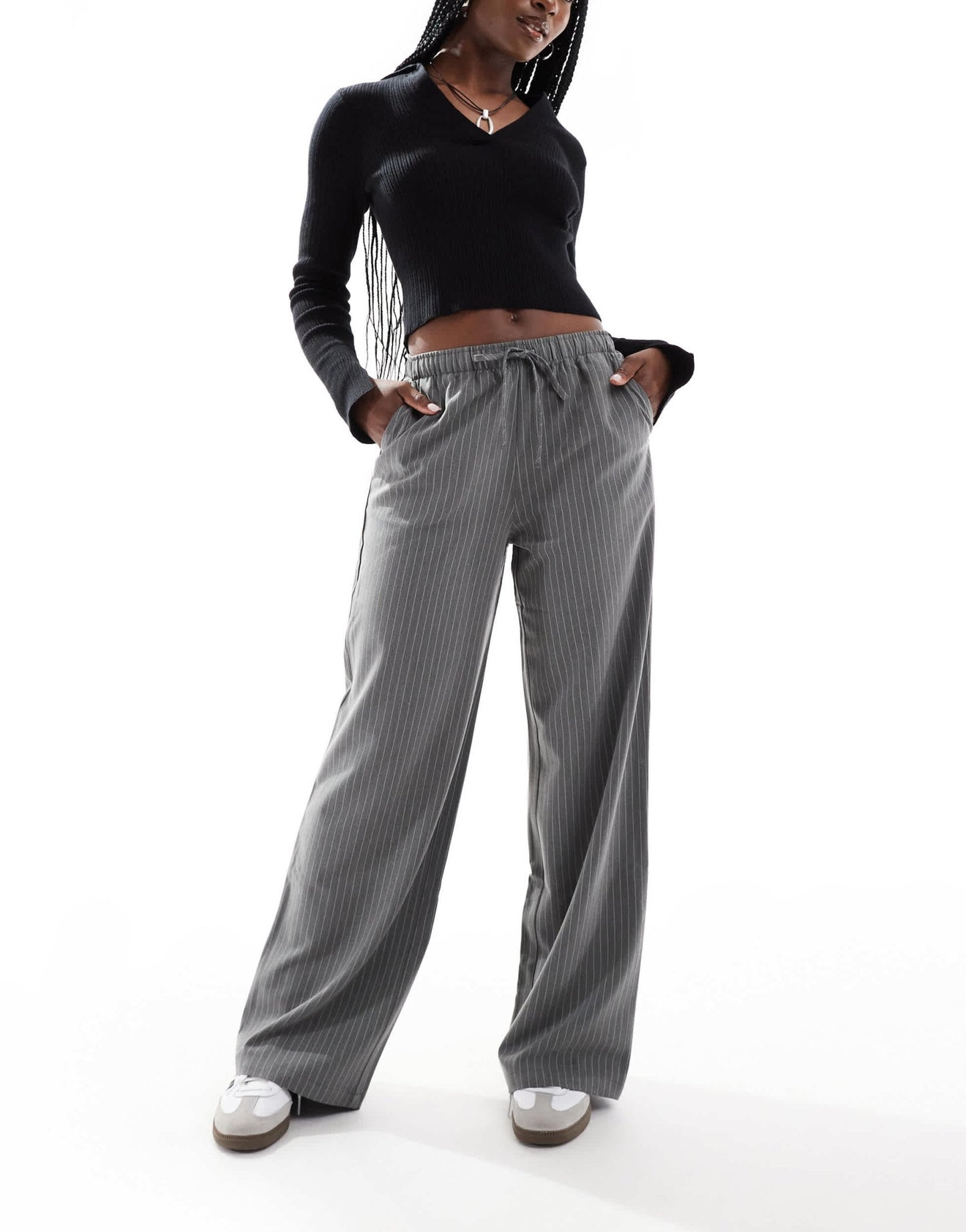Stradivarius pull on trouser in grey pinstripe - ASOS Sample Sale