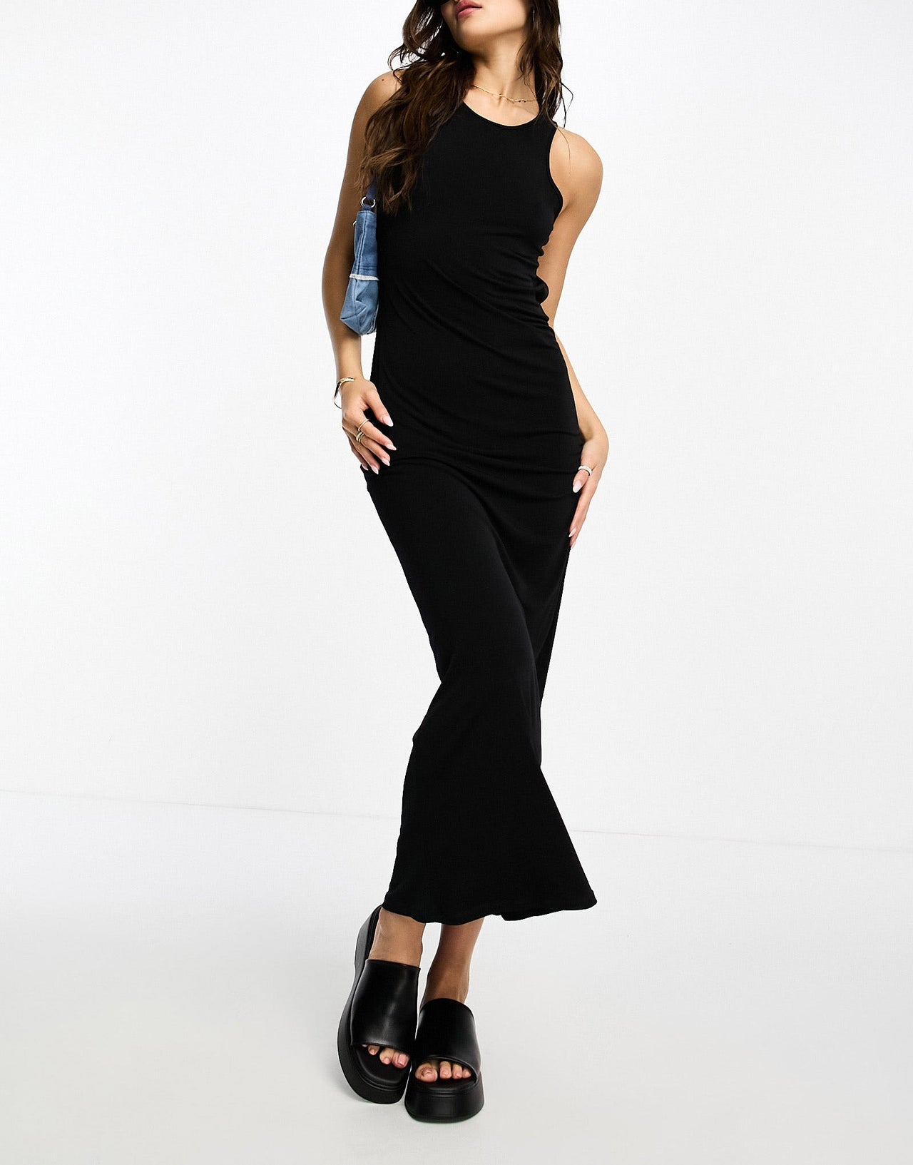 Stradivarius rib tank midi dress in black - ASOS Sample Sale