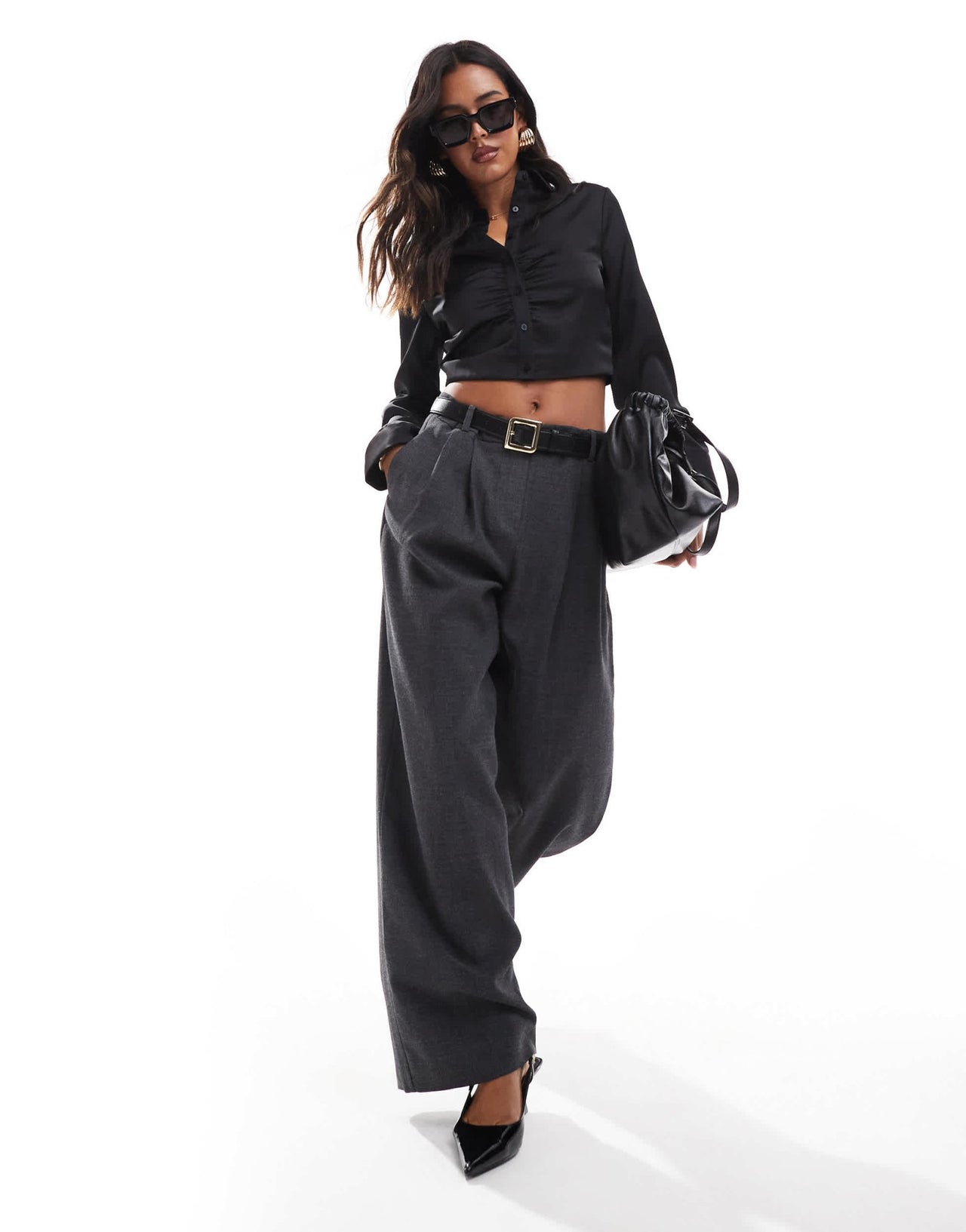 Stradivarius ruched detail cropped shirt in black - ASOS Sample Sale